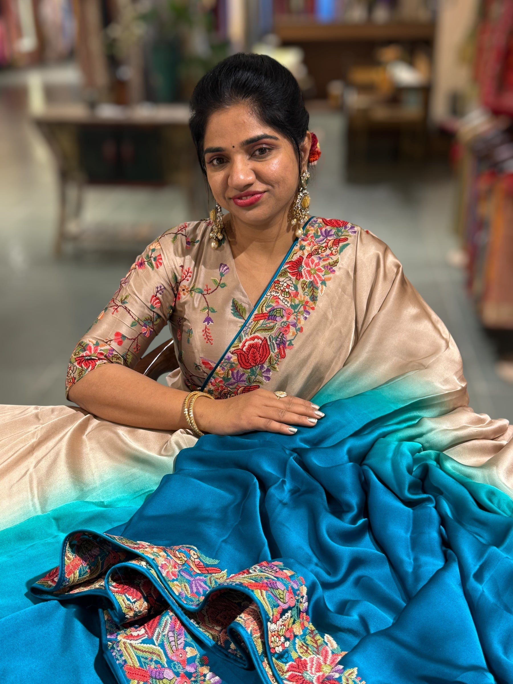 Pure Satin Ombre Dyed Saree with Petite Point Embroidered Border and blouse.