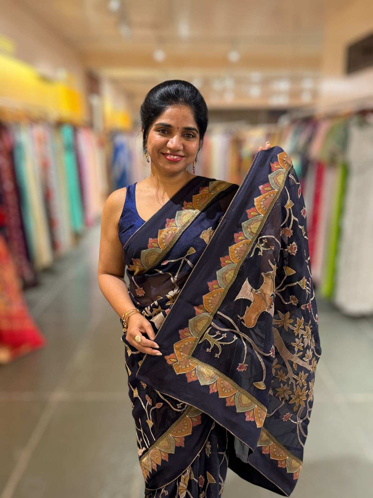 Midnight Blue Designer Organza Saree with Stunning Tissue Applique work Saree with Village theme