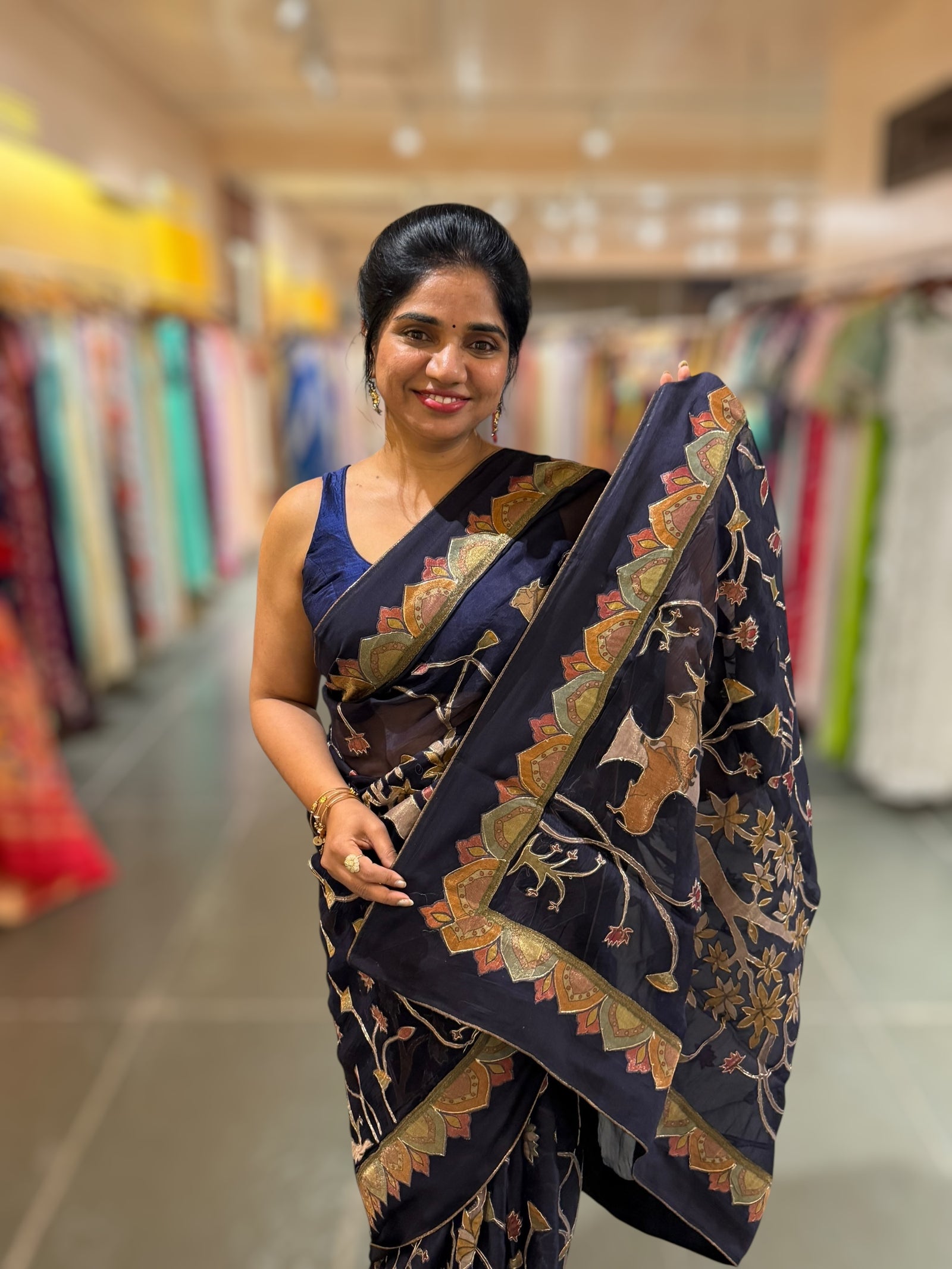 Midnight Blue Designer Organza Saree with Stunning Tissue Applique work Saree with Village theme