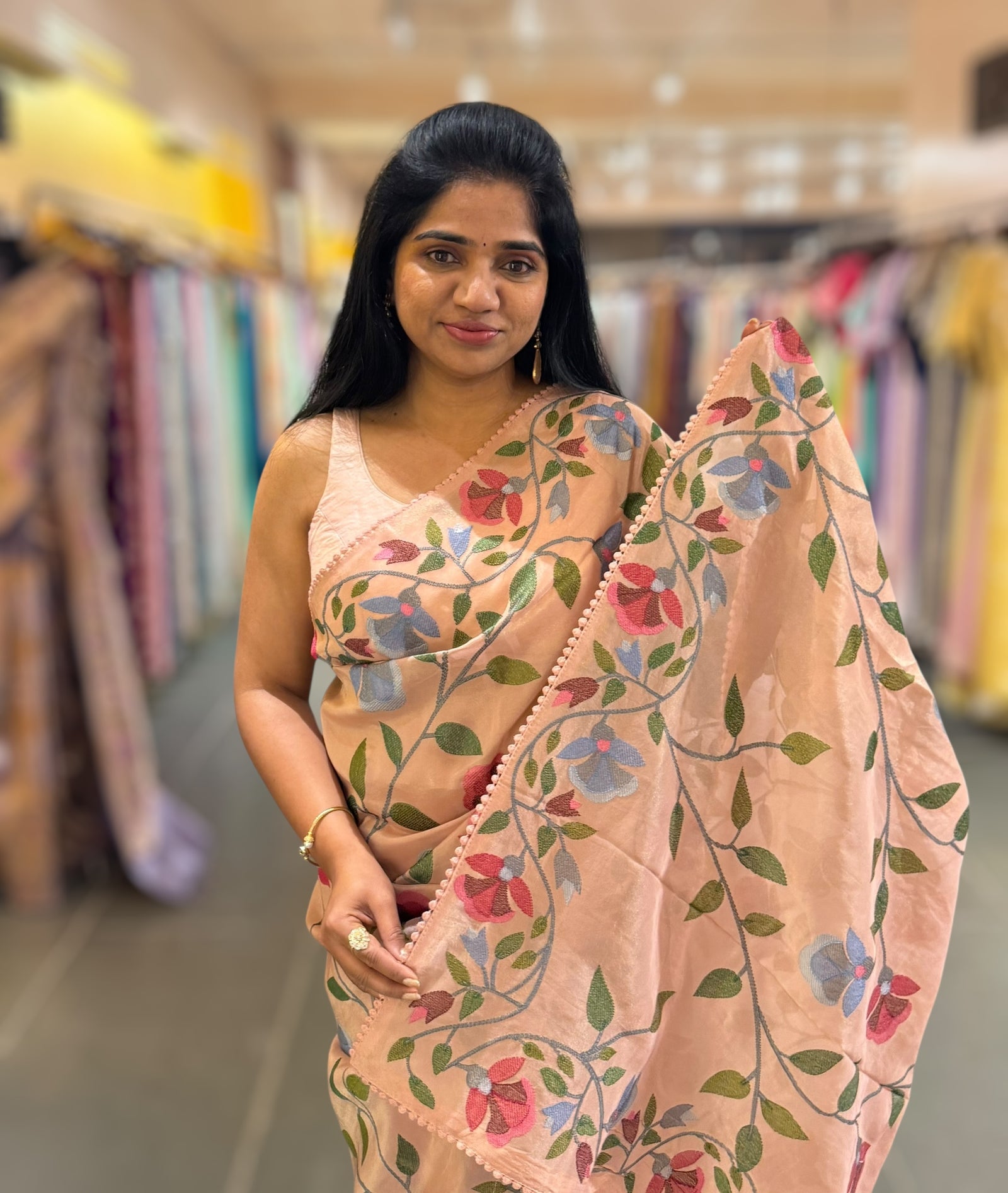 Nude Pink Tissue georgette saree with embroidey