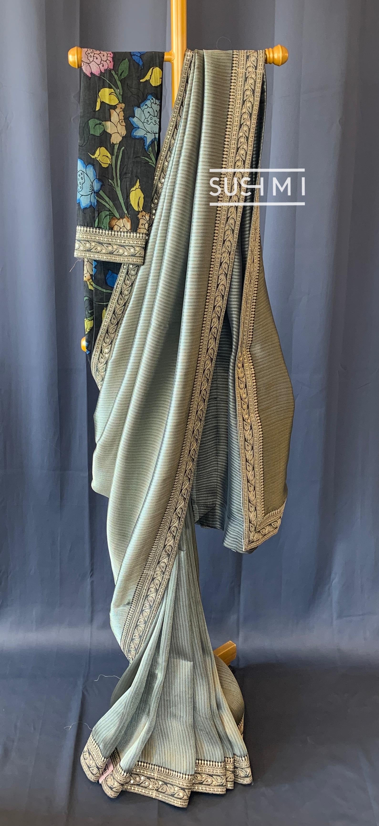 Darkest Green Banarasi tonchoi with pen kalamkari Blouse : D62F022