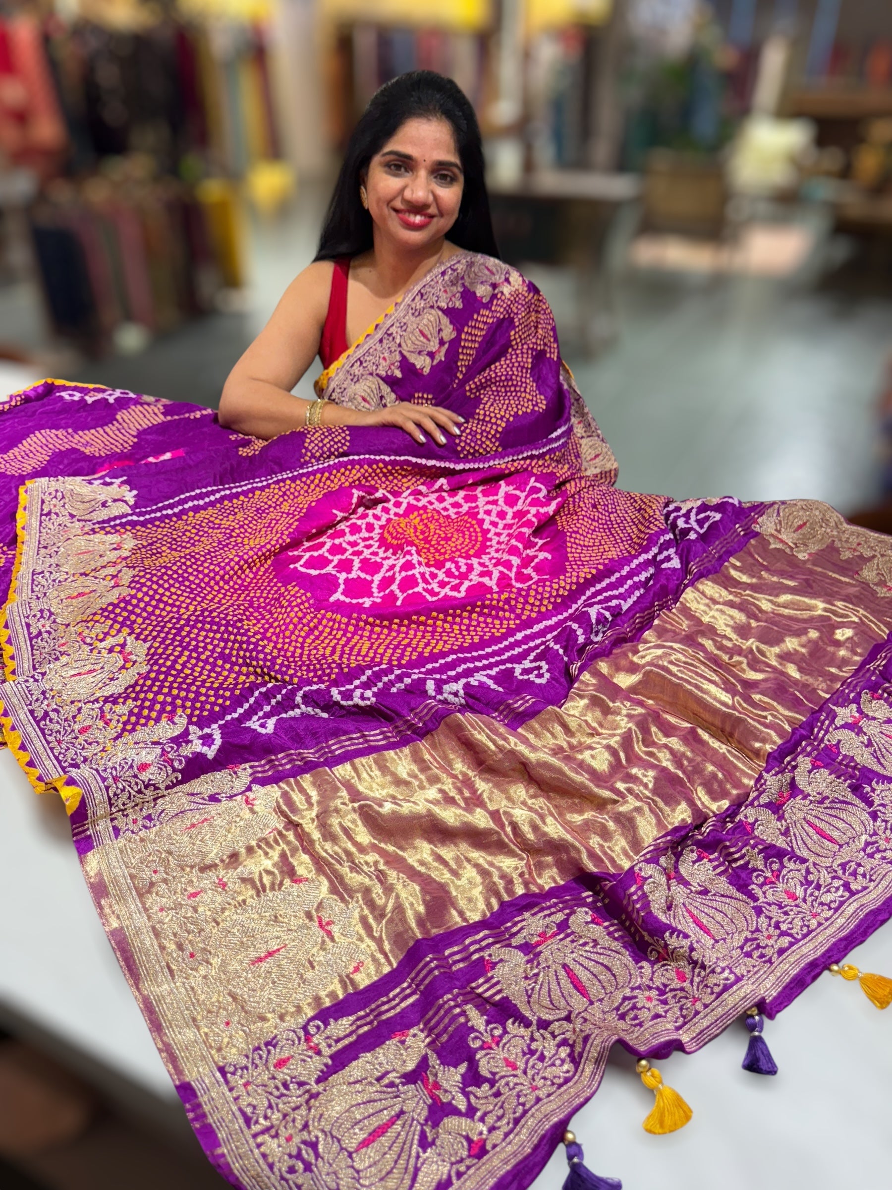Purple Designer Rai Bandhej Saree With Embroidered Border