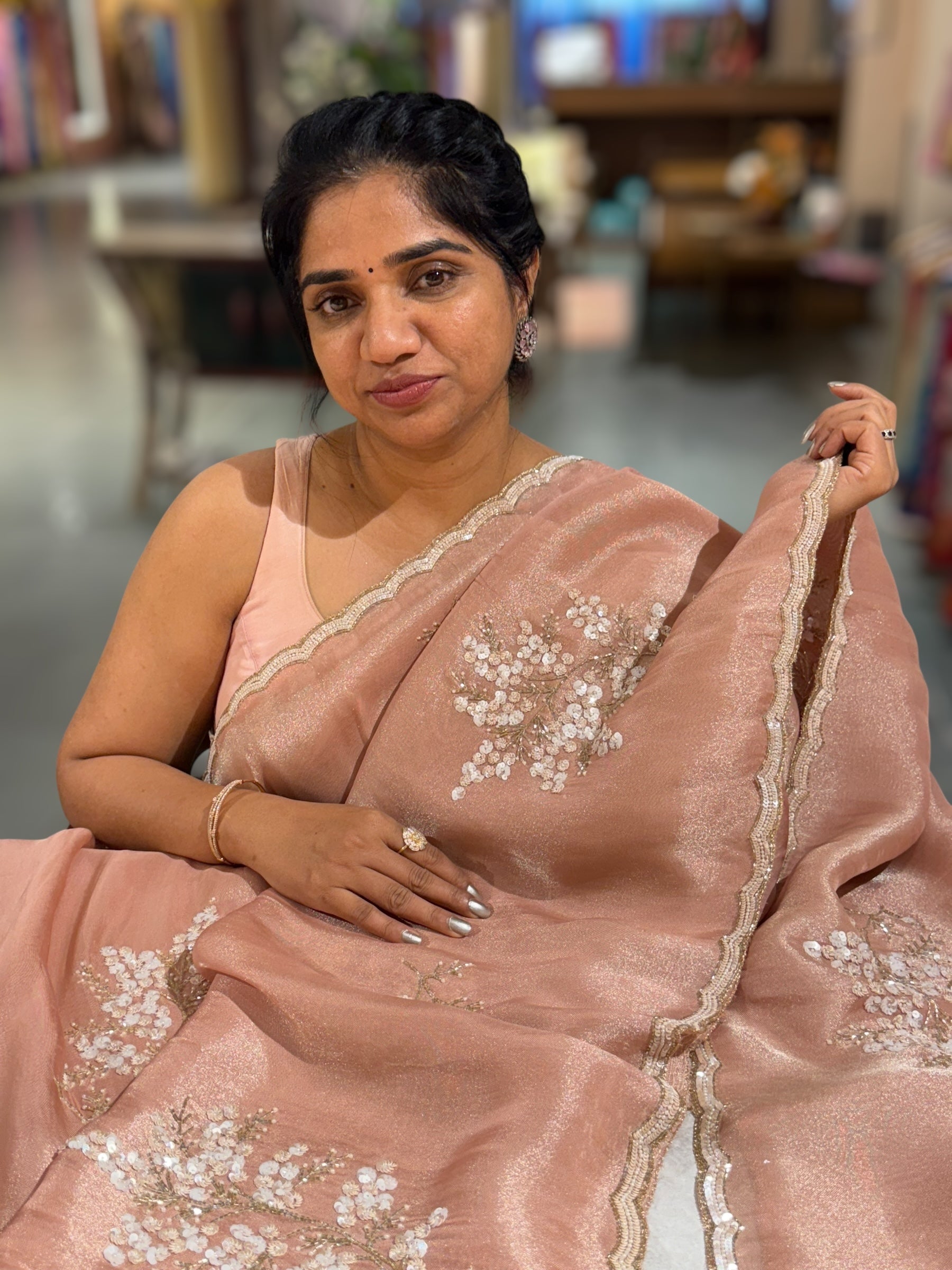 Tissue Gorgette Saree With Handwork Border and Blouse.