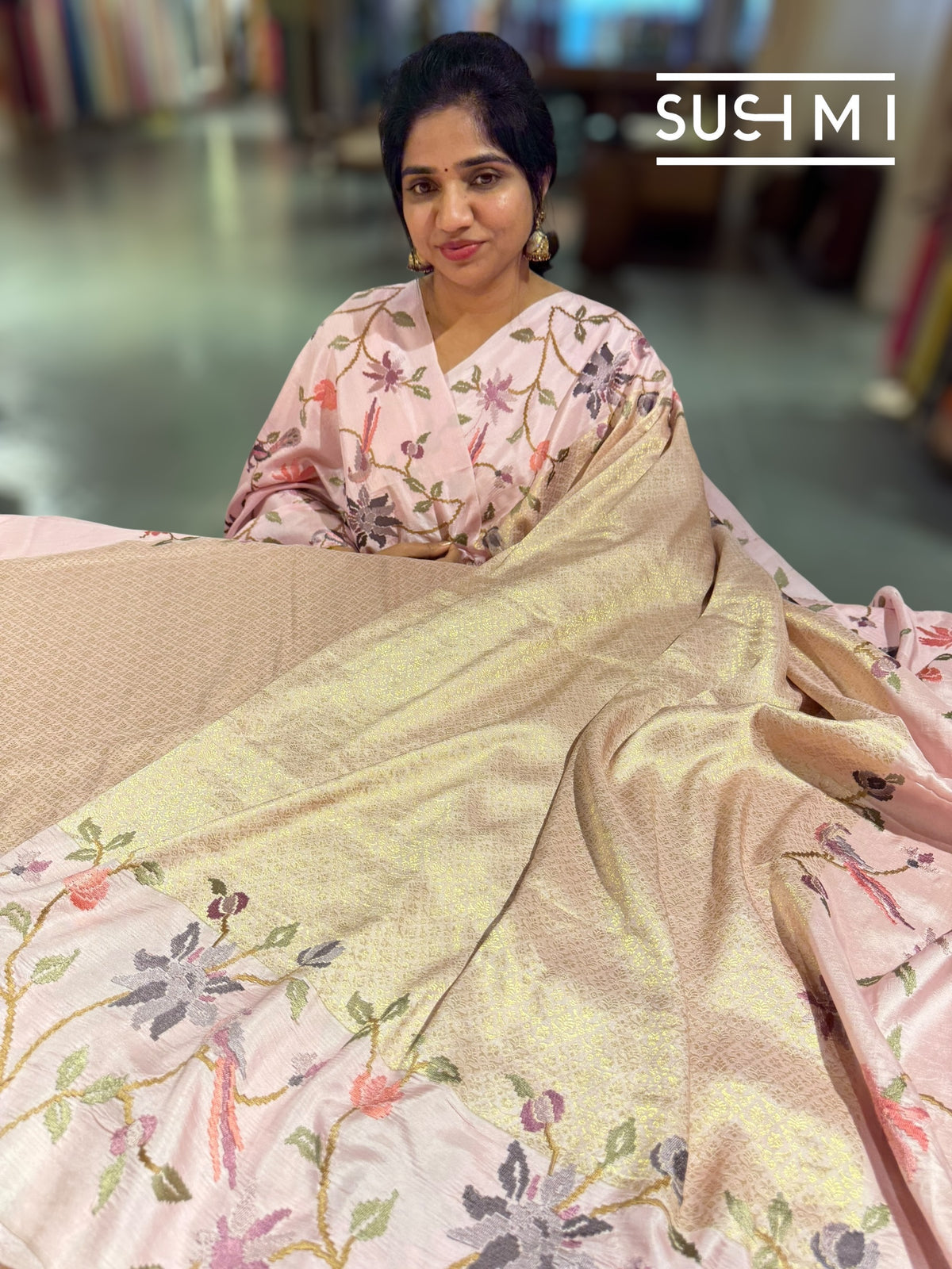 Pastel Pink Brocade Kanjeevaram with embroidery D62F037