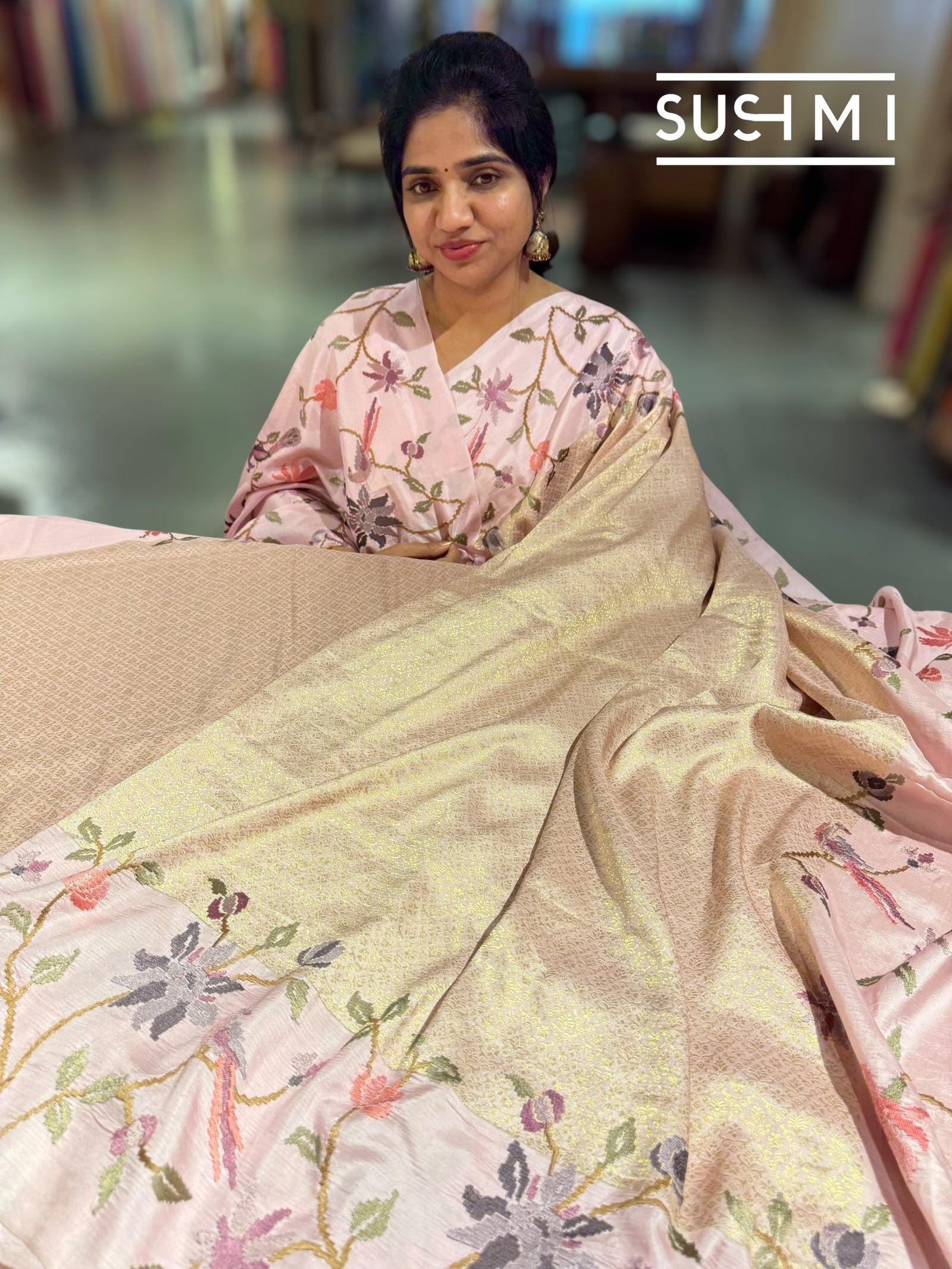 Pastel Pink Brocade Kanjeevaram with embroidery D62F037