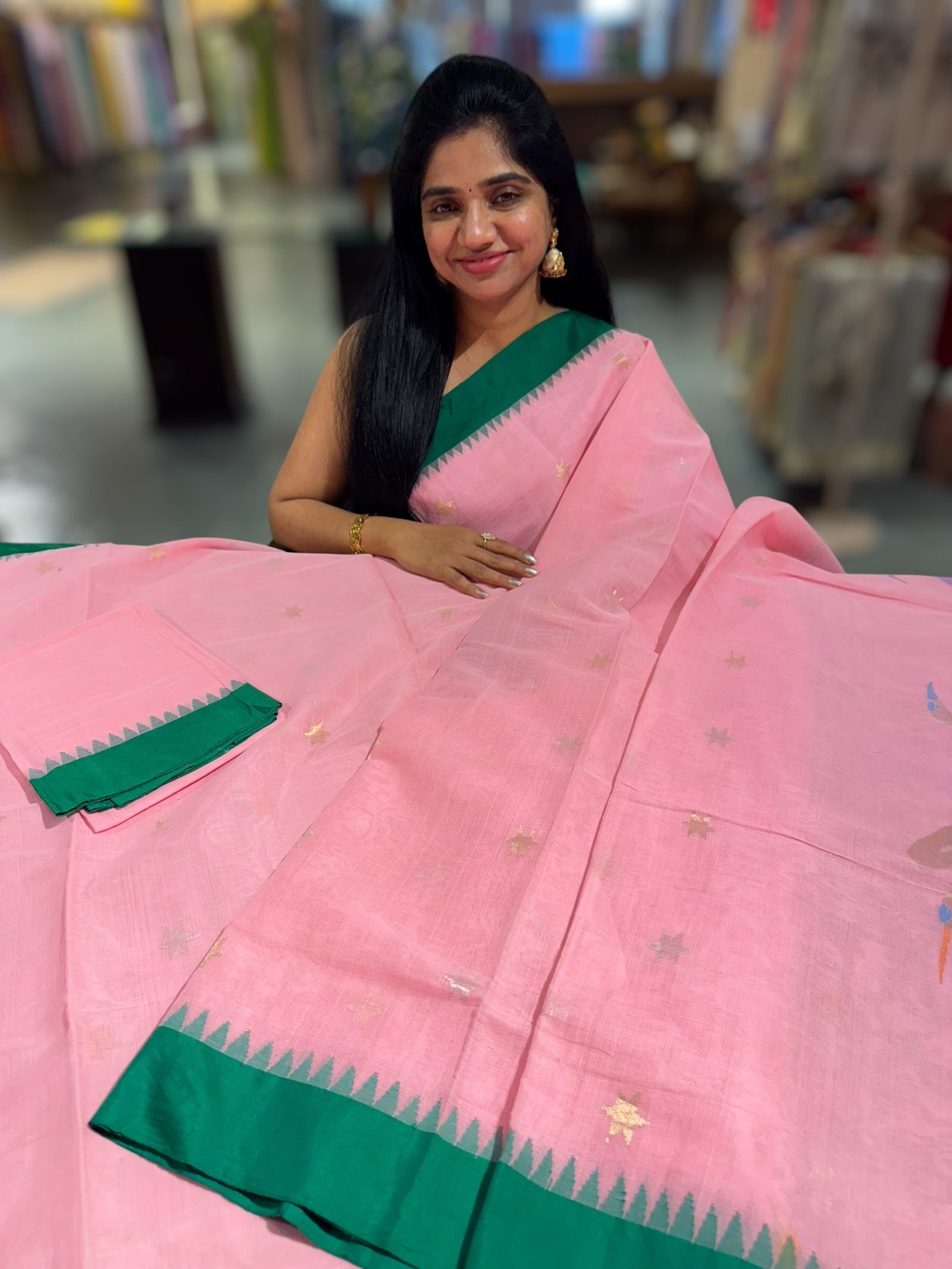 Lotus Pink Pure handloom Ponduru Khadi jamdani Saree with swan pallu