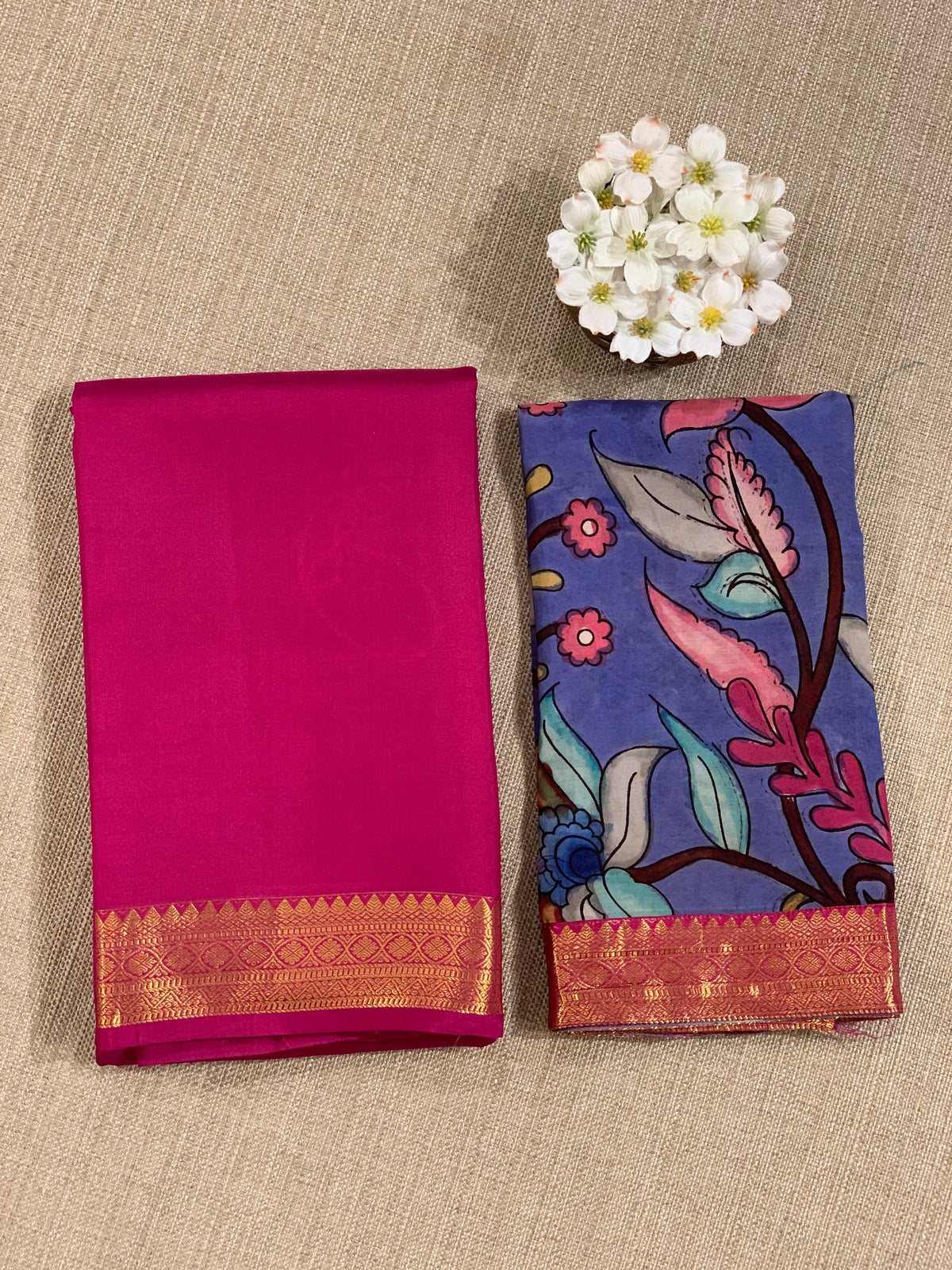 Ruby Pink vintage Kanchipuram silk saree with pen kalamkari blouse