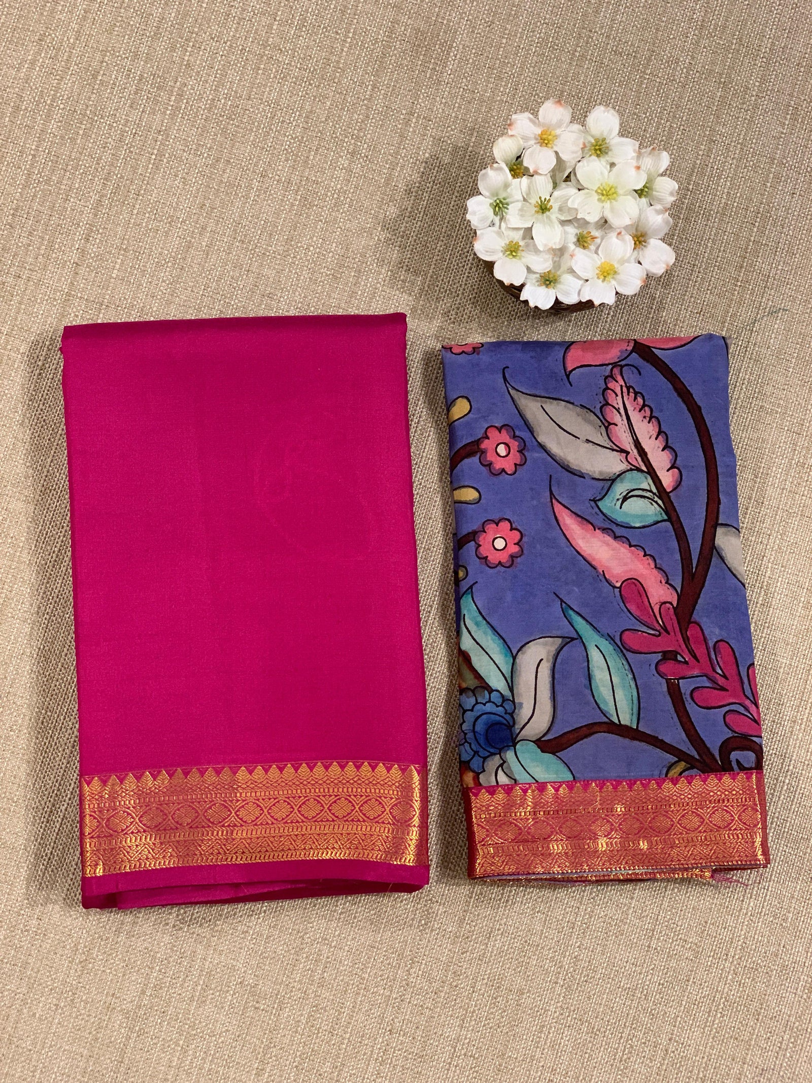 Ruby Pink vintage Kanchipuram silk saree with pen kalamkari blouse