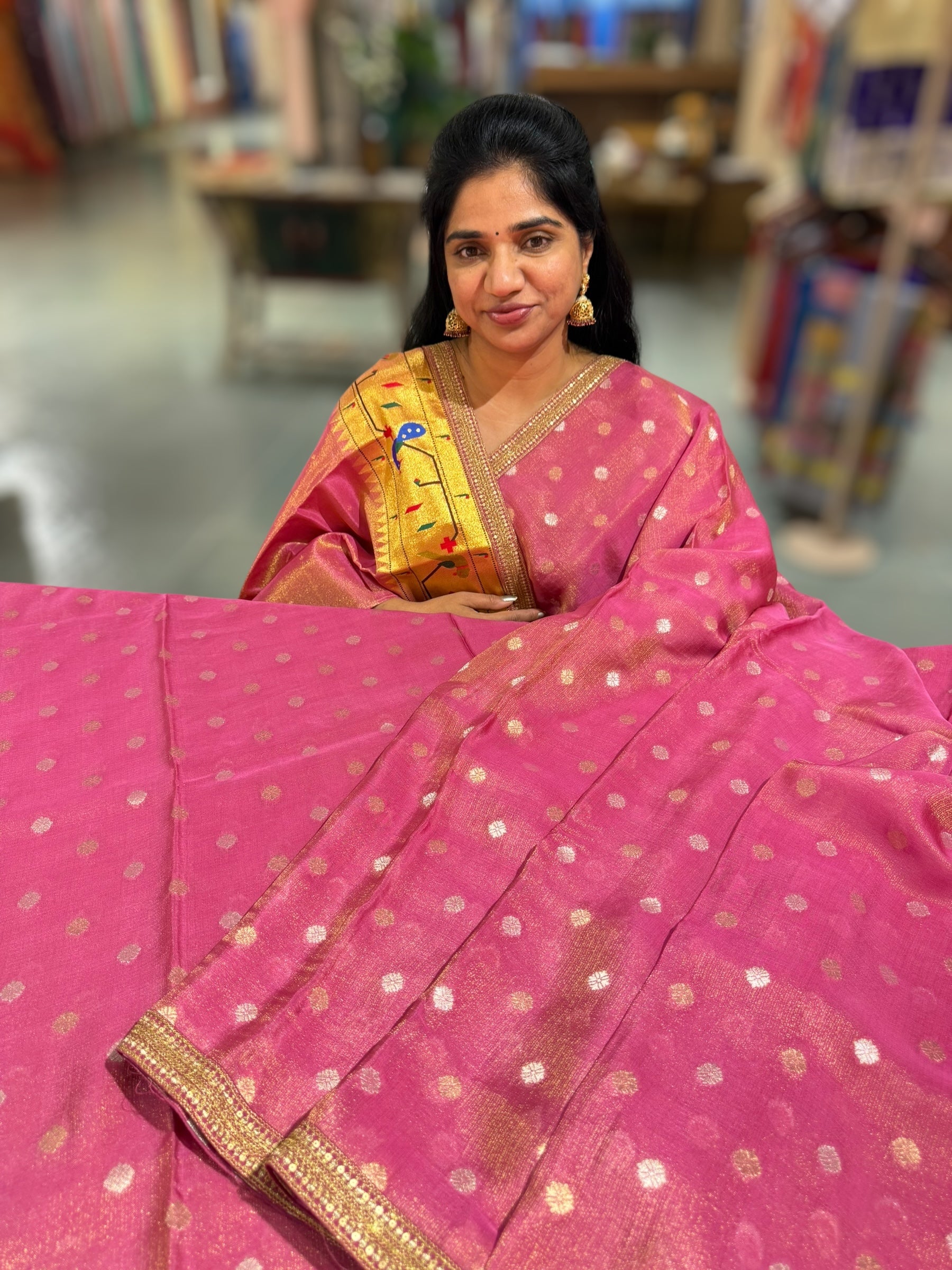 Ruby Pink tissue Kota saree with sabyasachi borders and fancy Pythani tissue blosue