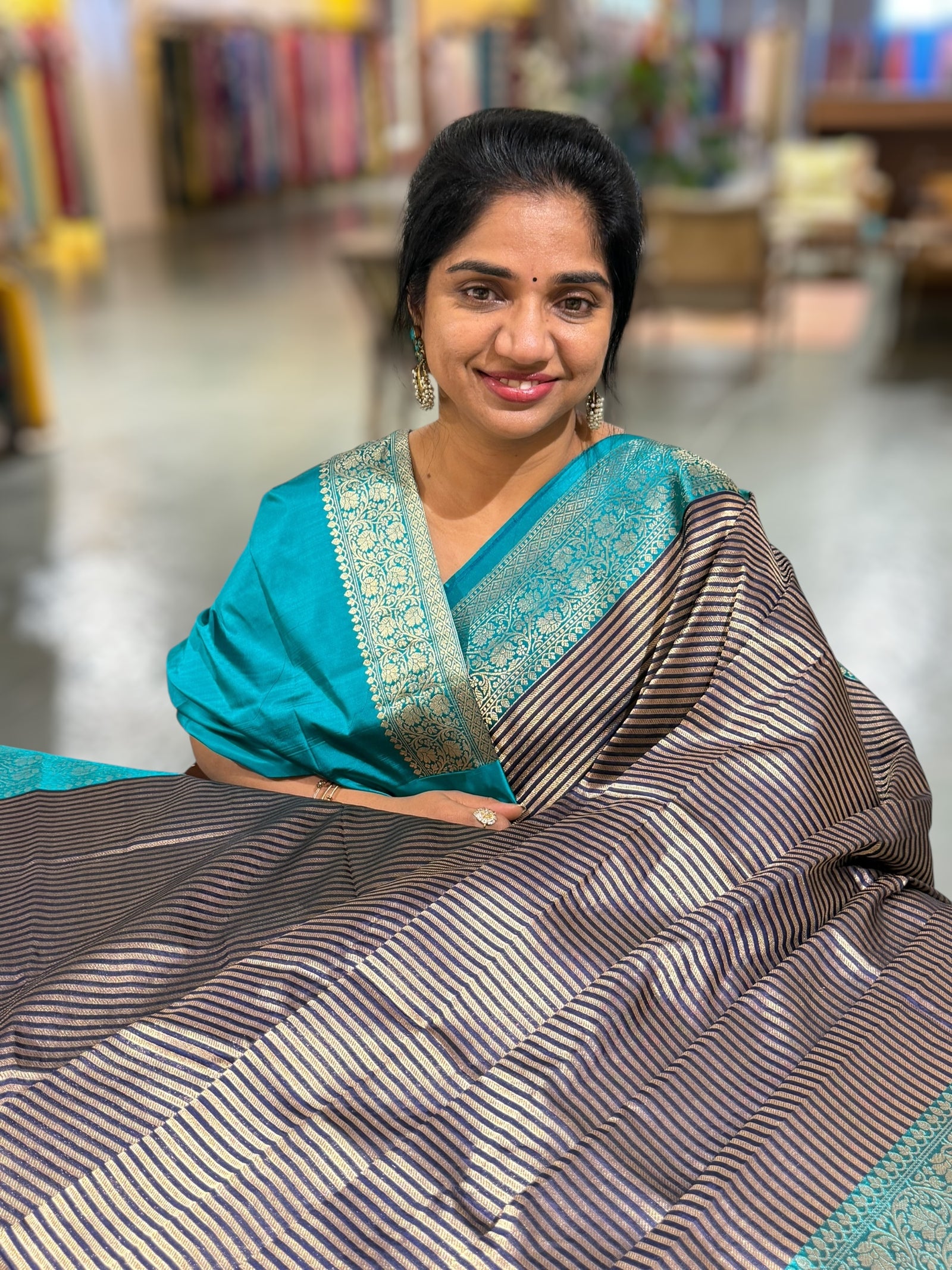 Navy Blue Banarasi Silk Stripes Saree