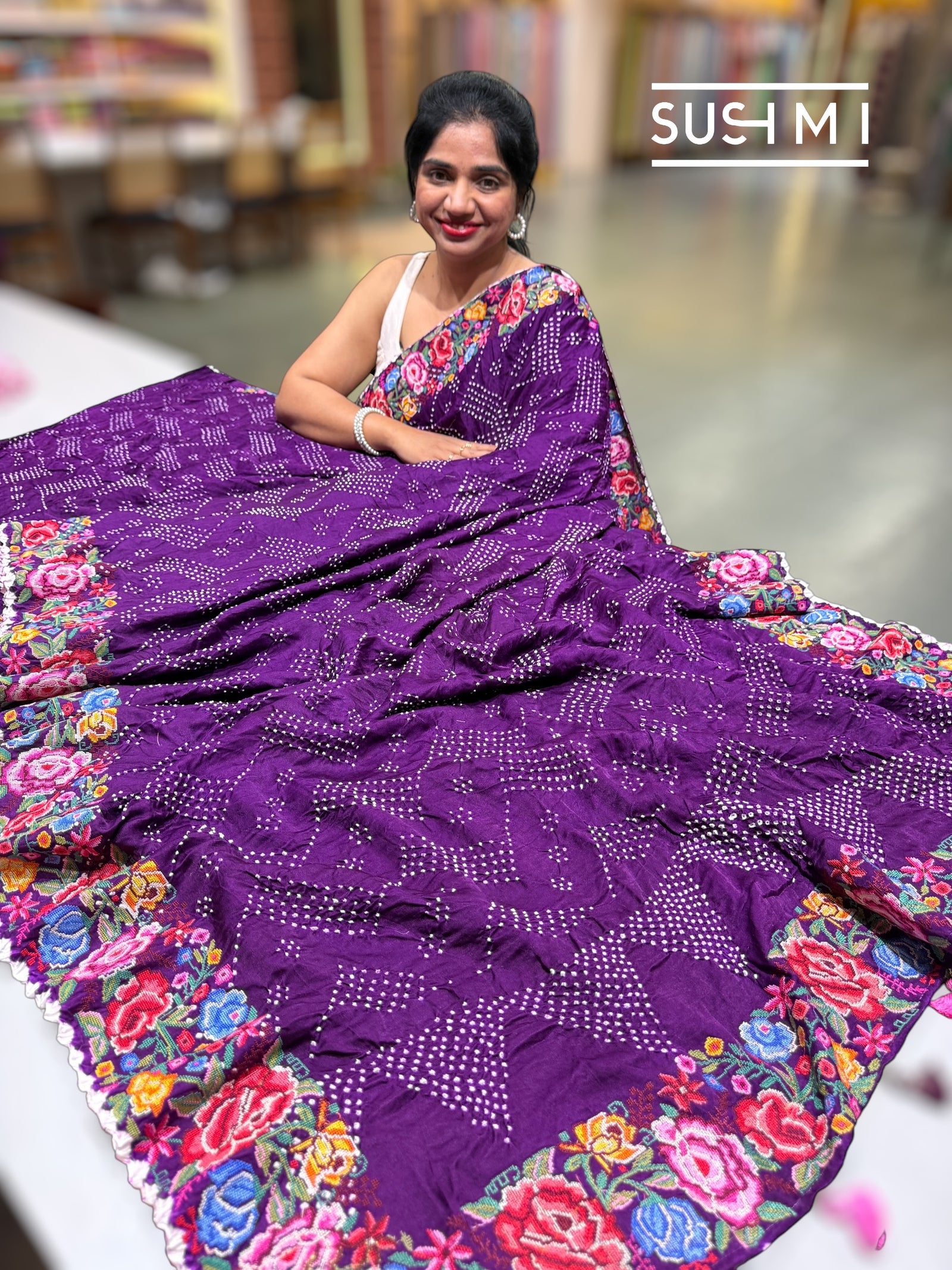 Purple Pure Gajji Silk Rai bandhej Saree with petite point embroidery : SM079