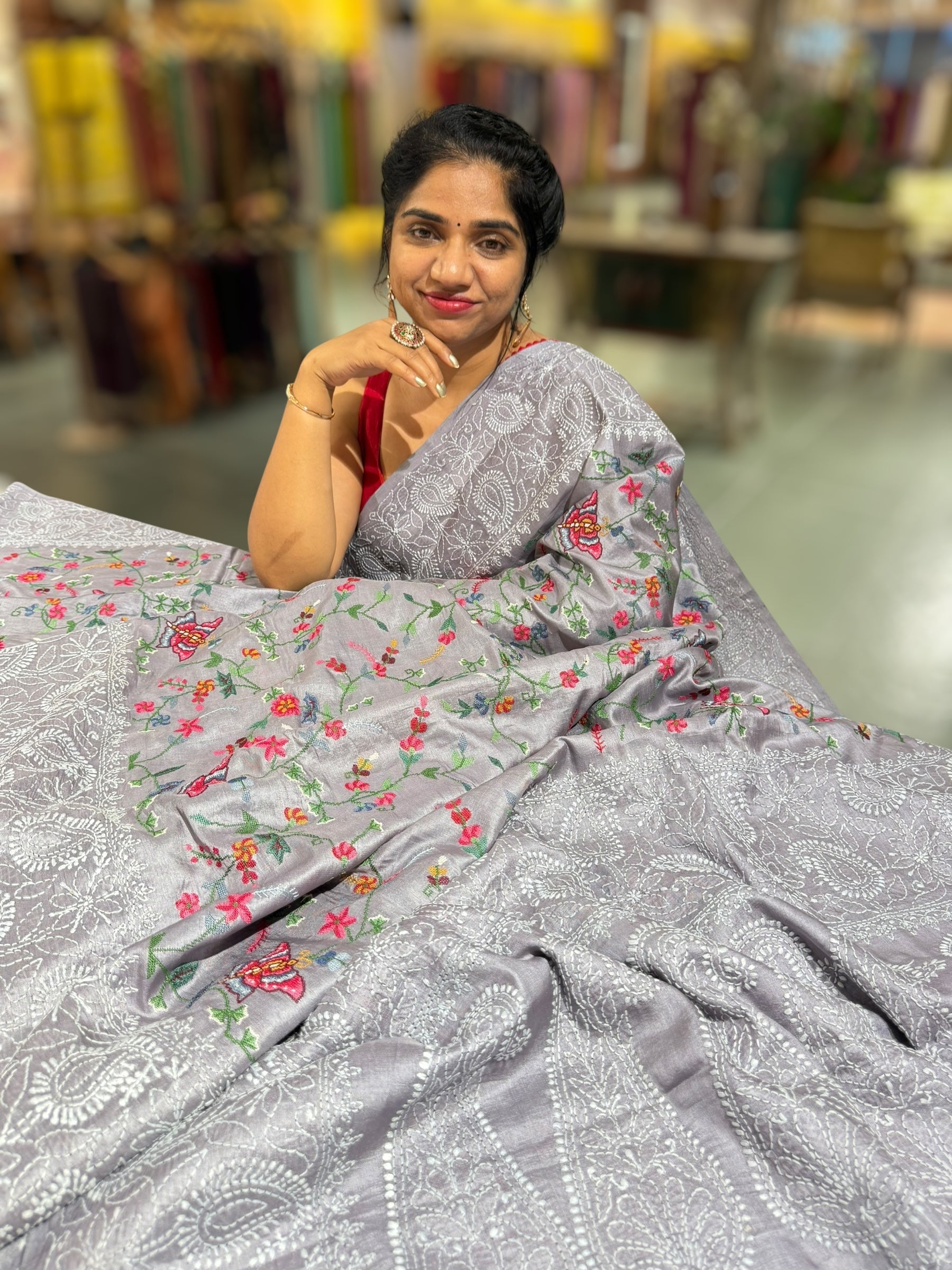 Lilac undertone tussar Saree with lucknowi border and pallu with allover petite point embroidery.