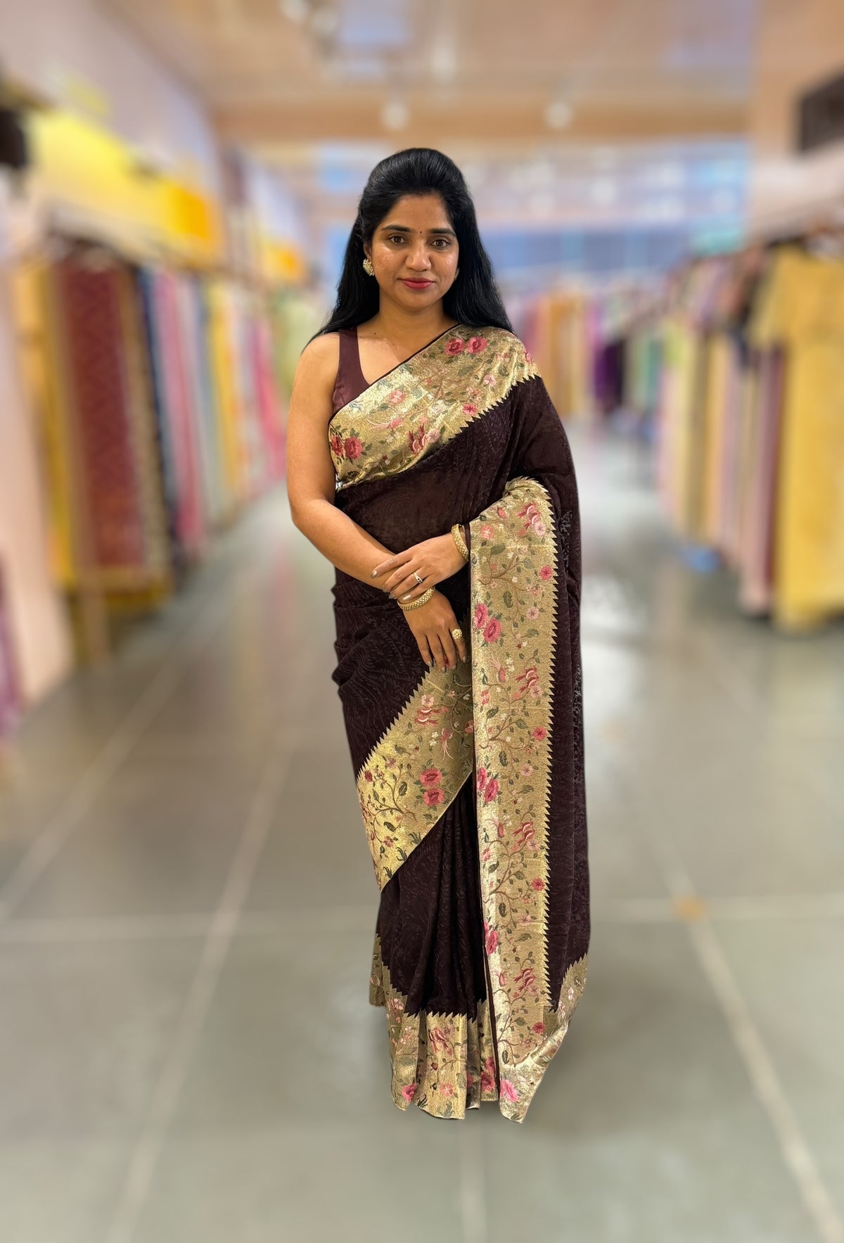 Brown Chikankari Georgette Saree with Tissue embroidered Border