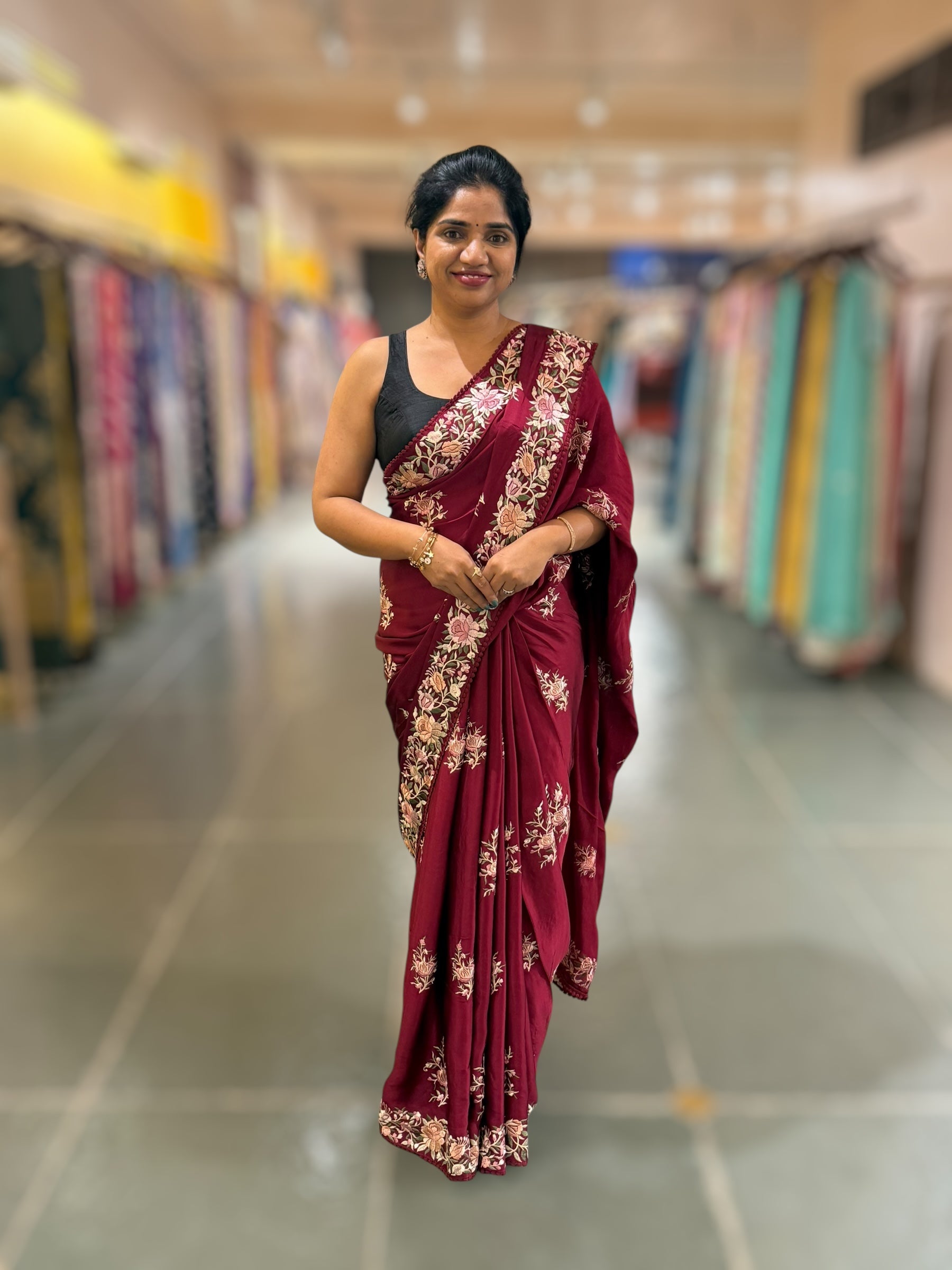 Burgundy Satin Saree with Parsi Gara embroidery