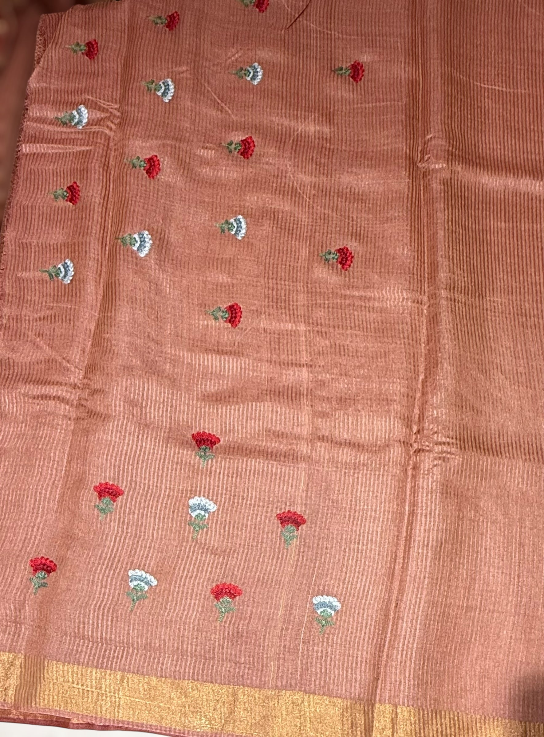Rust Tussar Brocade Saree With Statement Red Rose Embroidery.