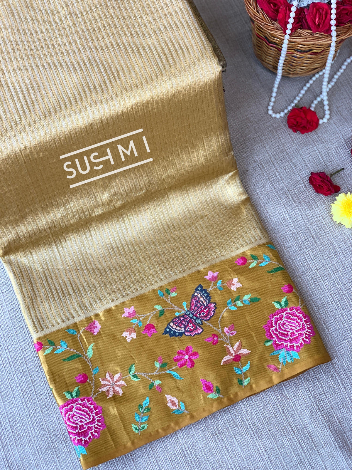 Gold Kanjeevaram Tissue Sareewith petite point embroidery : S62F086