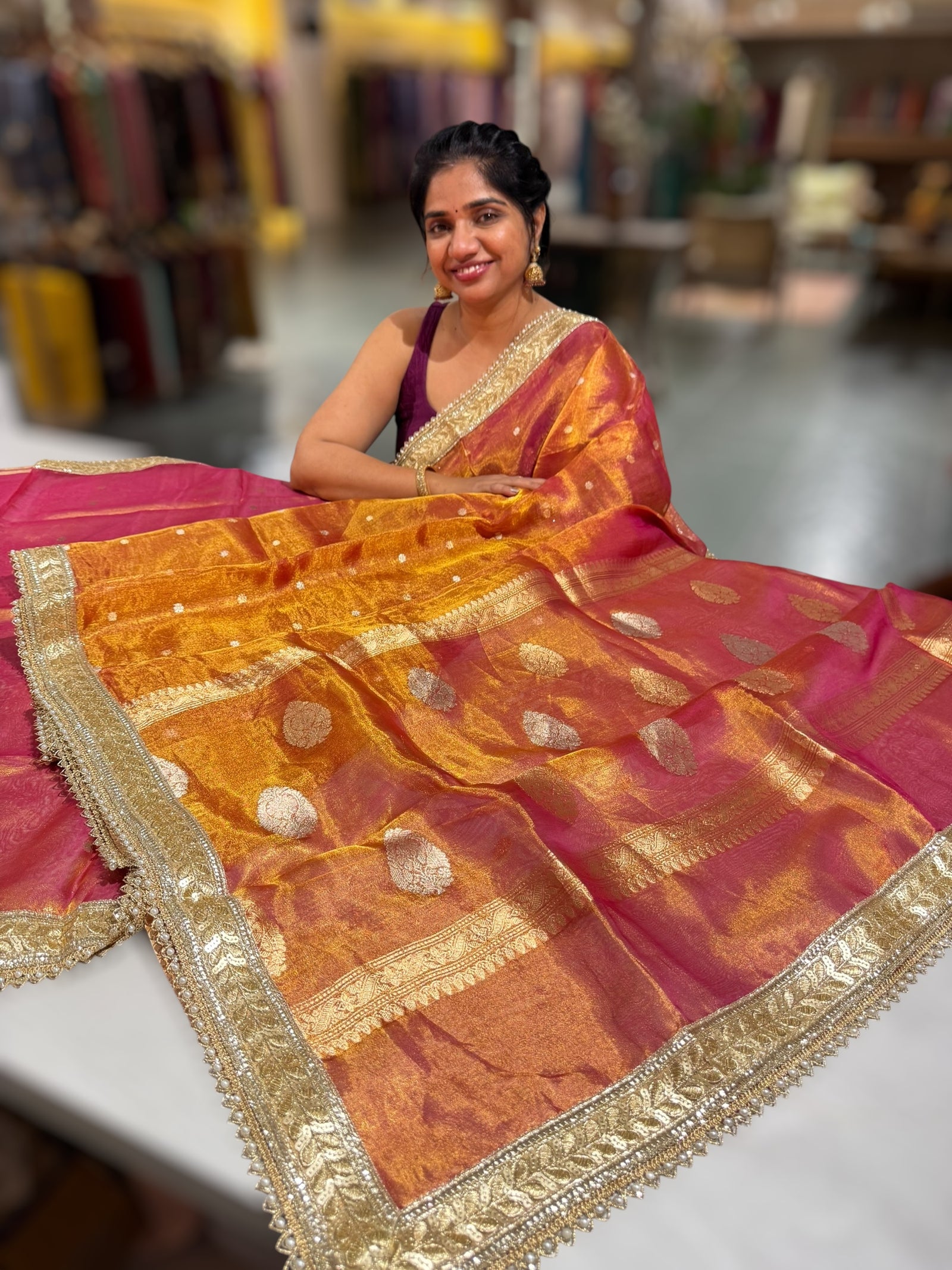 Orange & Pink dualtone Pure handloom Banarasi Tissue saree