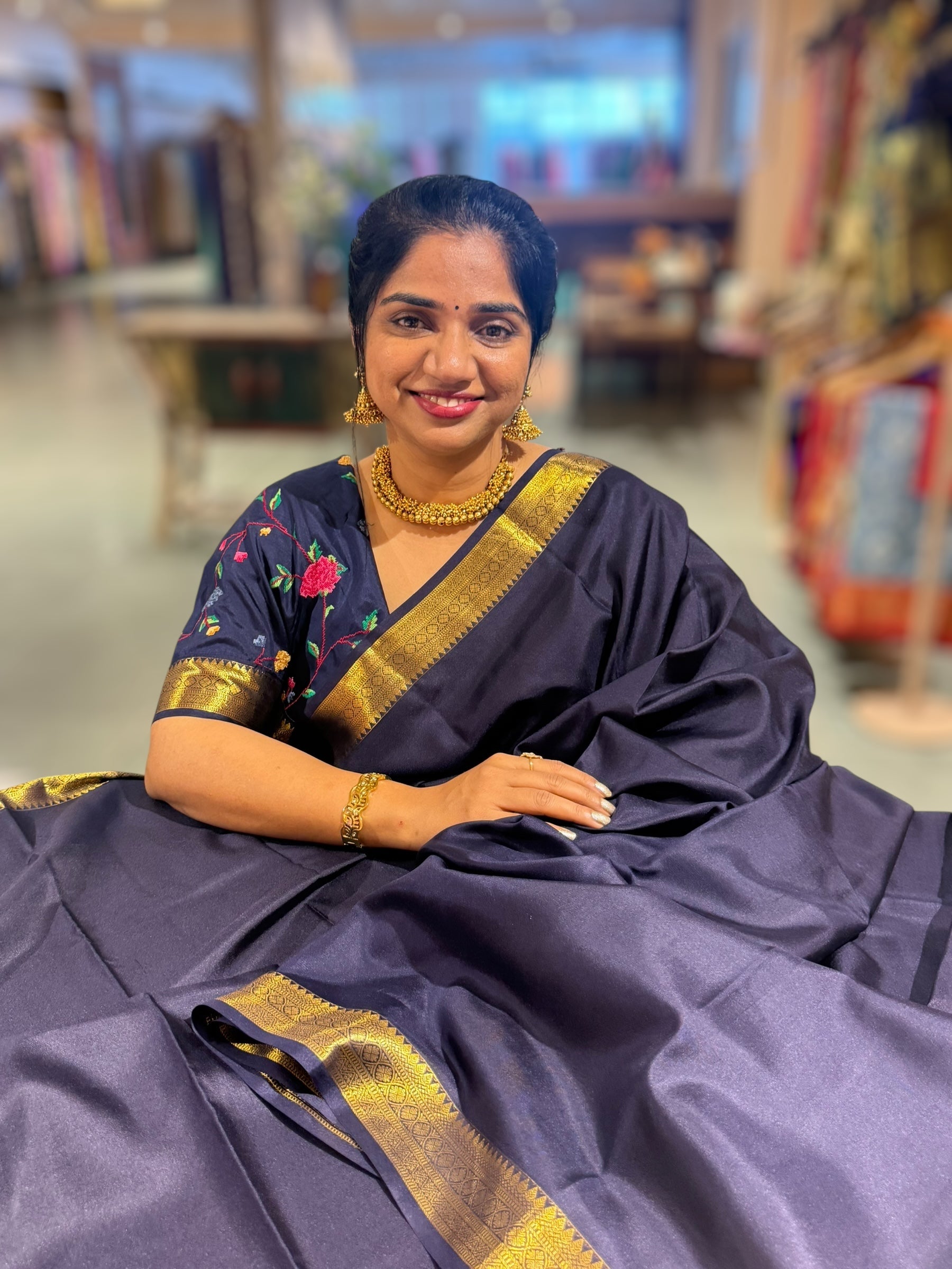 Midnight Blue Kanchi Vintage Saree with Petite Point Embroidered Blouse