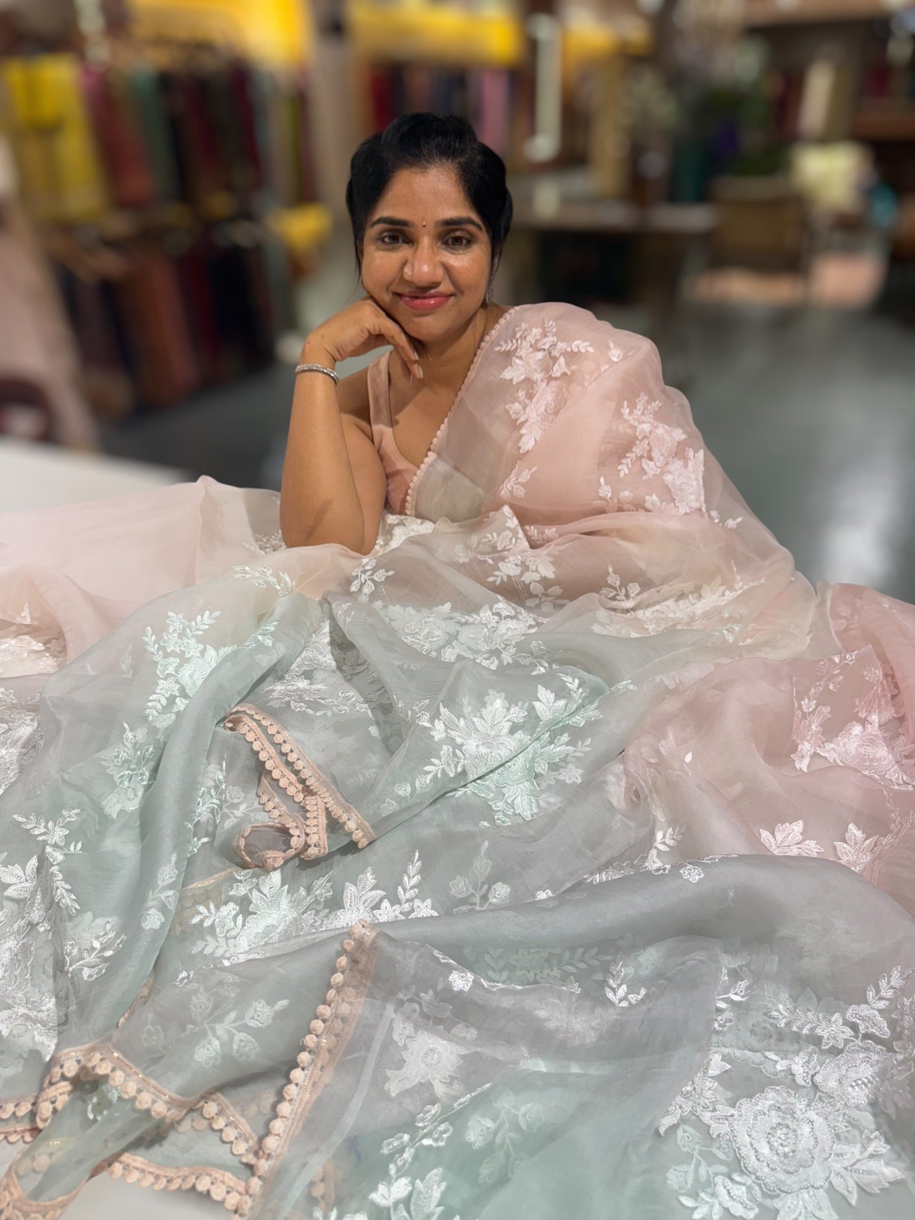 Pure Muslin Ombre Dyed Saree With allover Embroidery