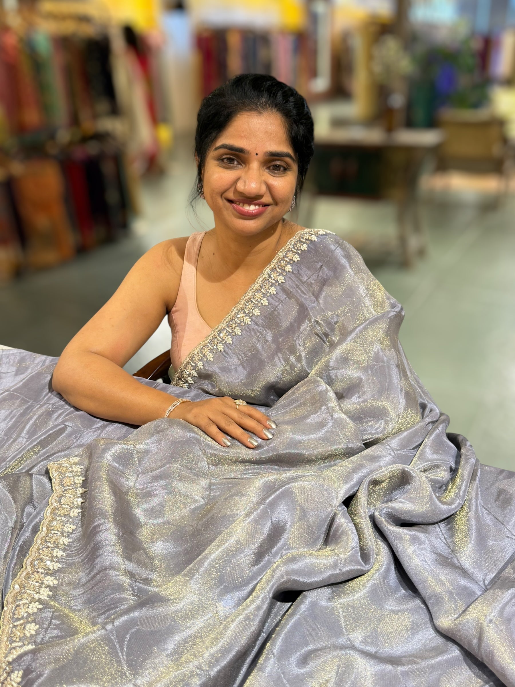 Greyish Violet Tissue Gorgette Saree With Hanwork Border and Blouse.