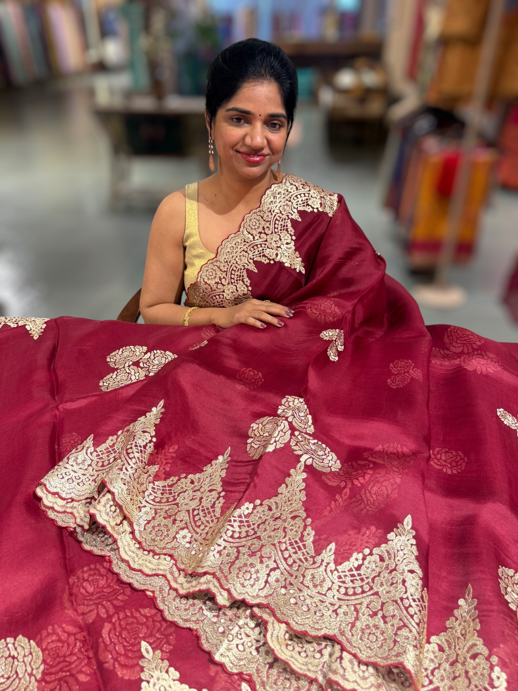 Meroon Organza Saree with stunning chantilly lace style  cutwork embroidered border