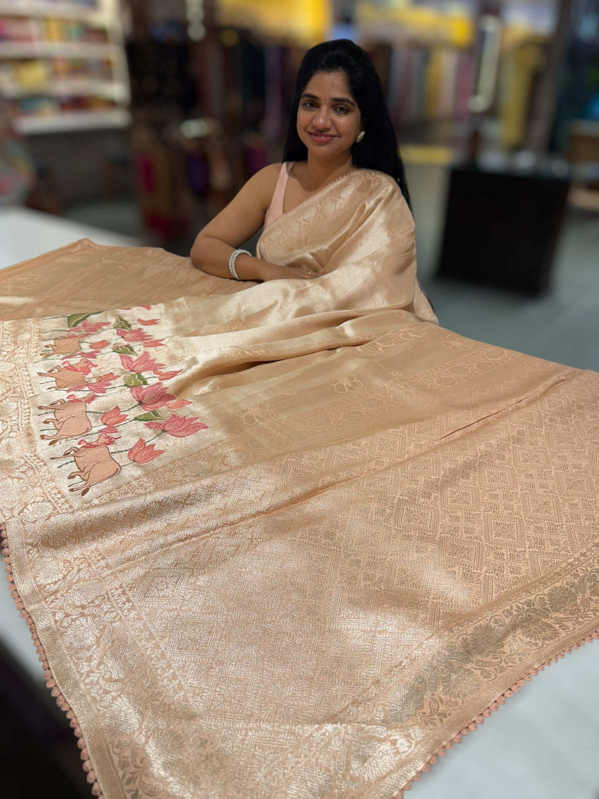 Peach Banarasi Brocade tissue saree with pichwai embroidery