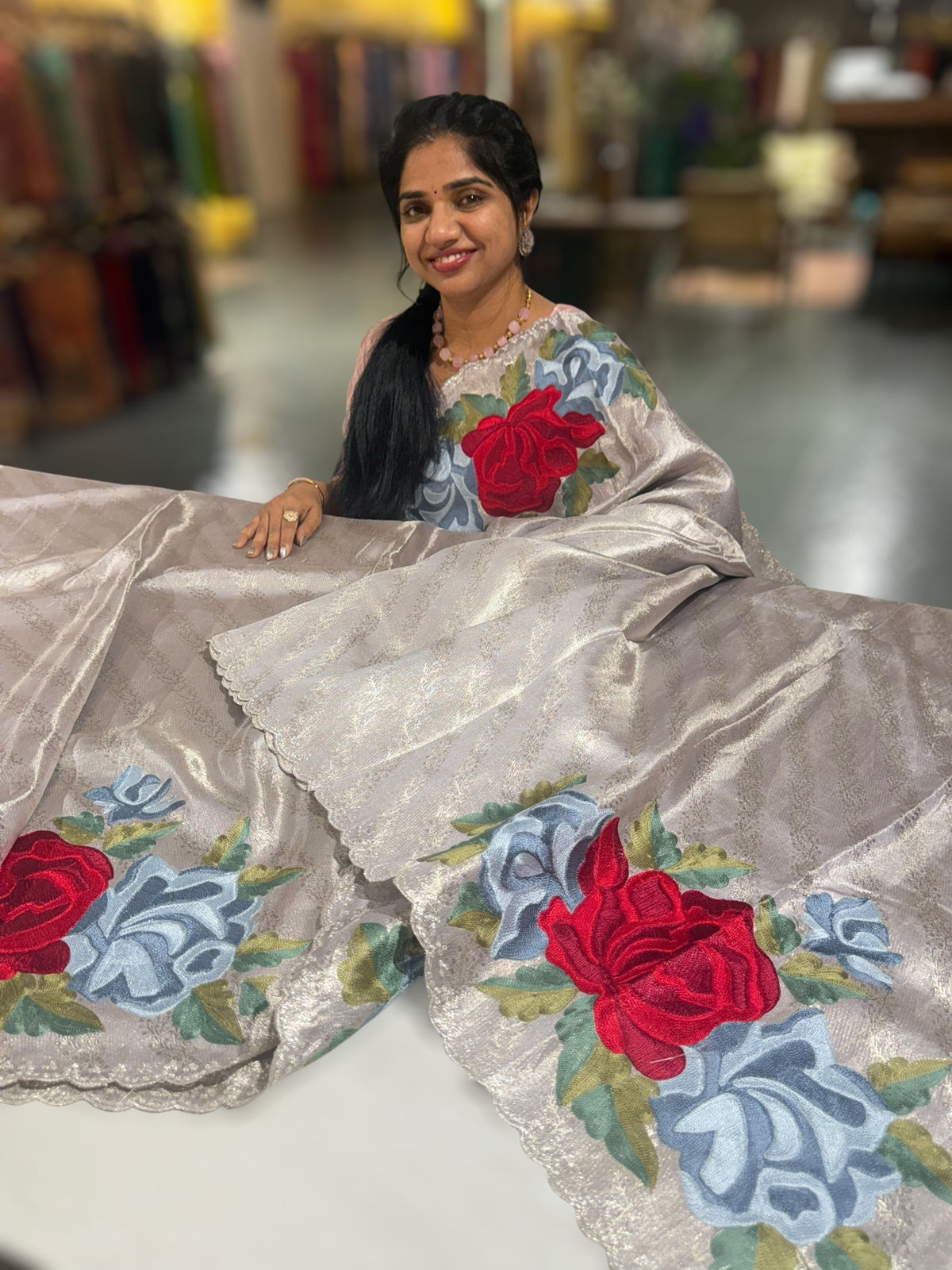 Silver Kanchi Brocade Tissue Saree with Statement Floral Embroidered Roses