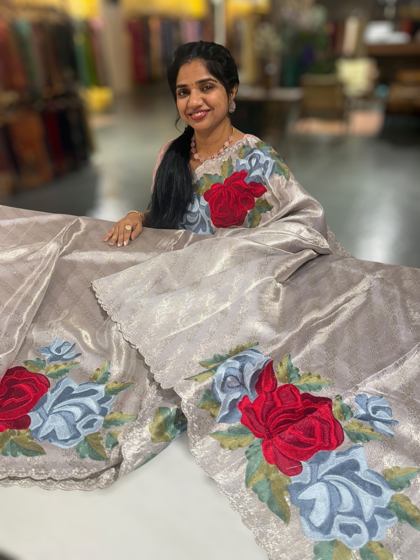 Silver Kanchi Brocade Tissue Saree with Statement Floral Embroidered Roses