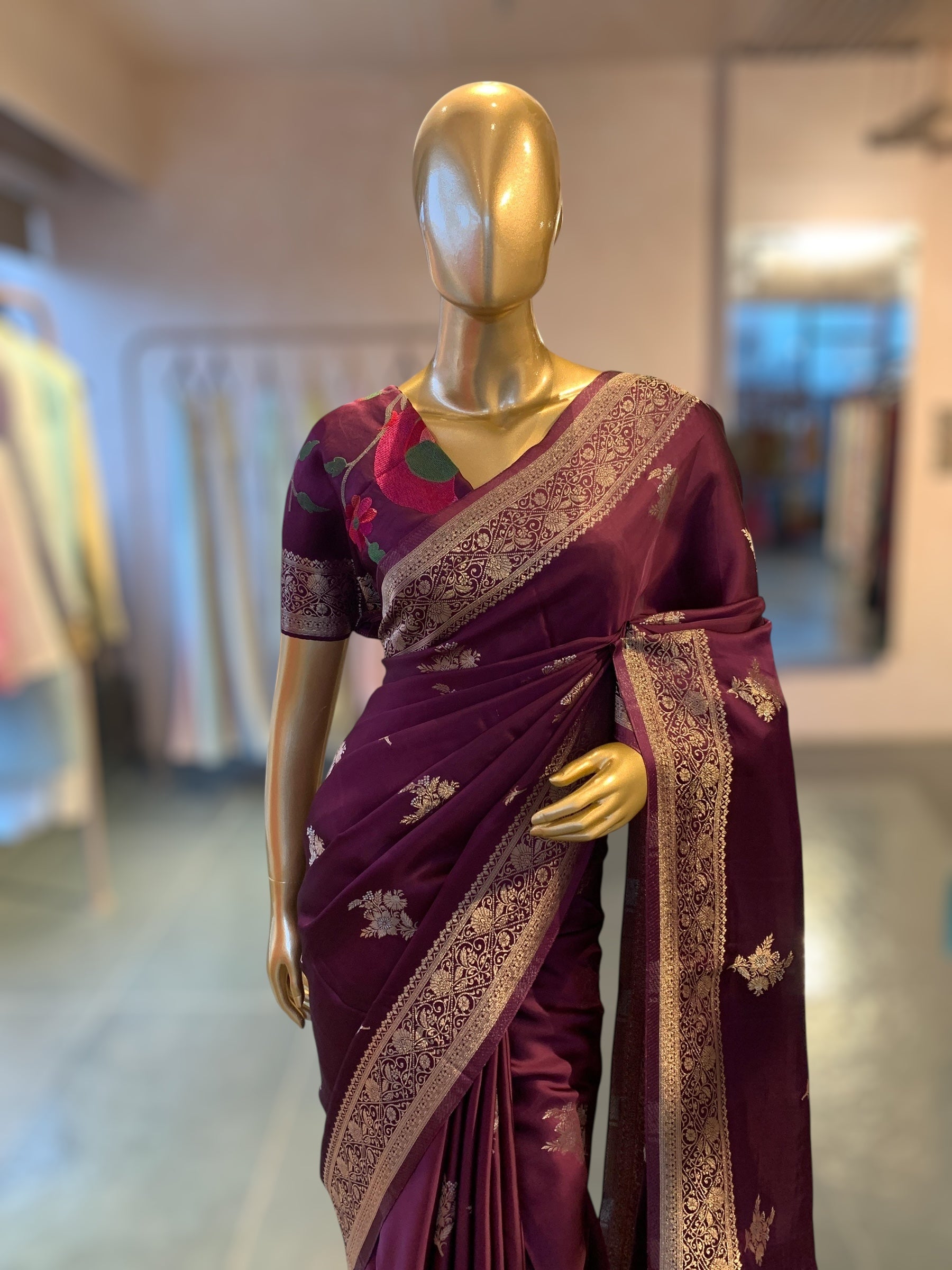 Wine Mashru Silk Saree with Paithani inspired embroidered blouse