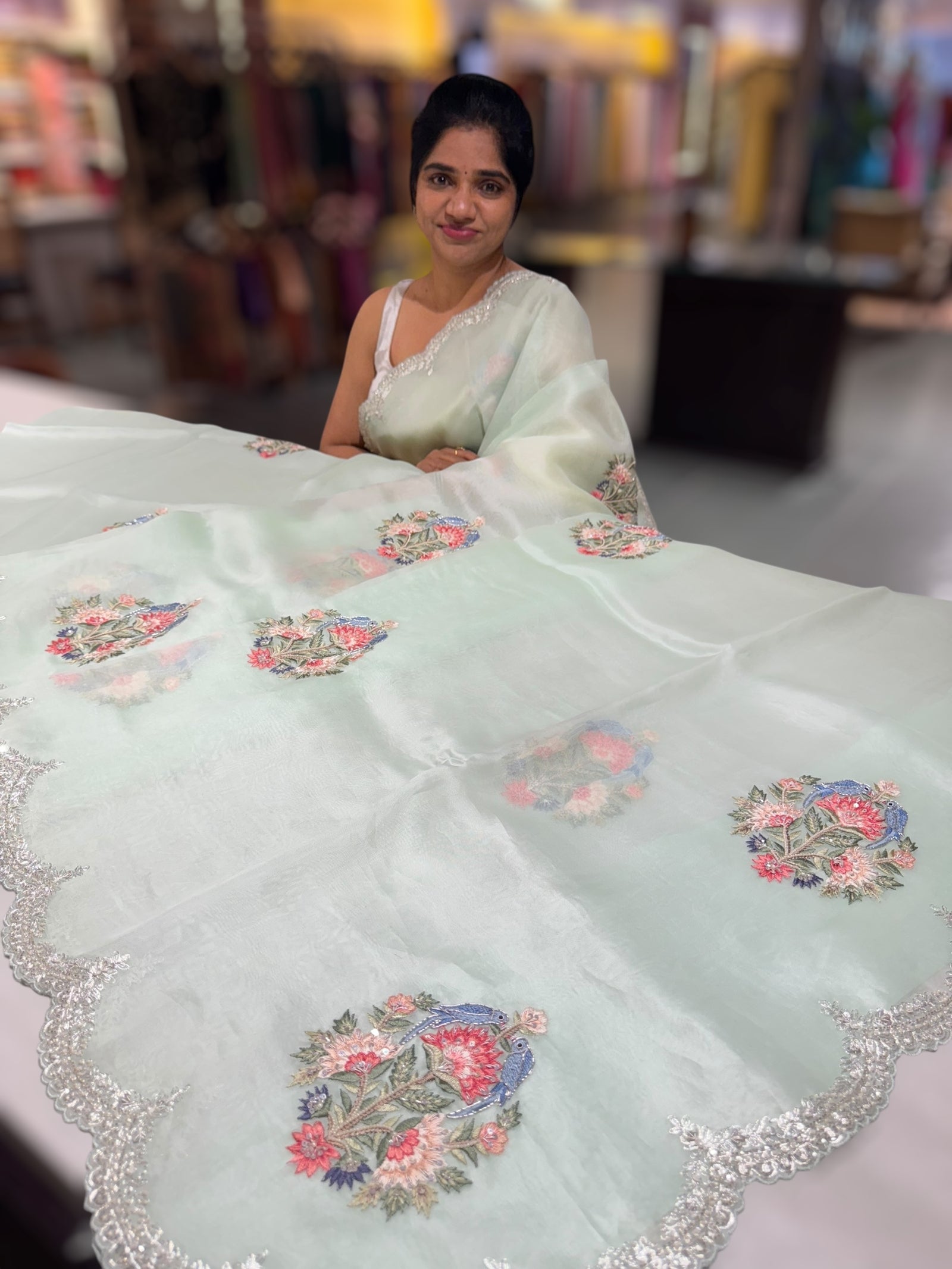 Pastel Blue pure Organza handwork saree