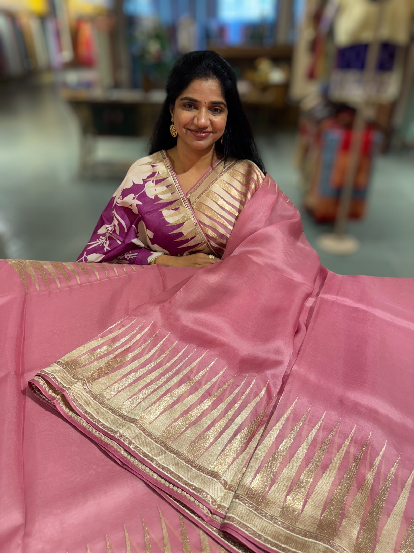 Blush Pink Pure Organza With Temple Embroidered Border & Tussar Printed Blouse
