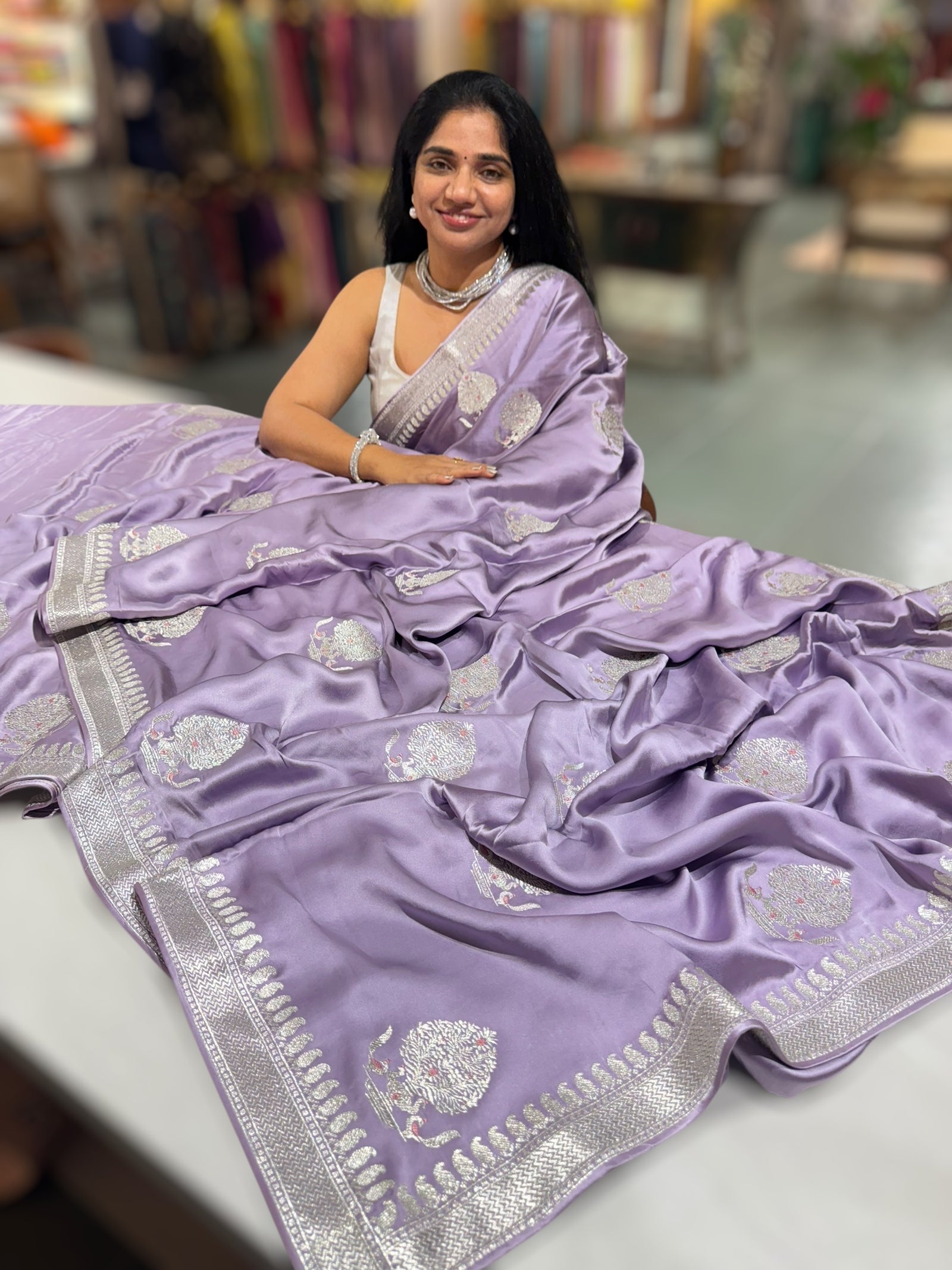 Lilac Pure Satin Saree with Embroidery.