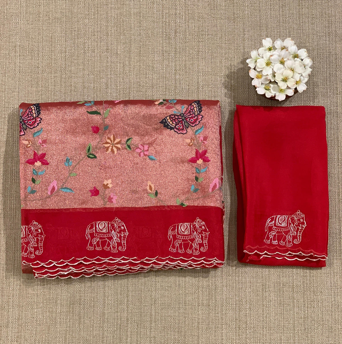 Red Premium Handloom Designer Tissue saree with exquisite embroidery