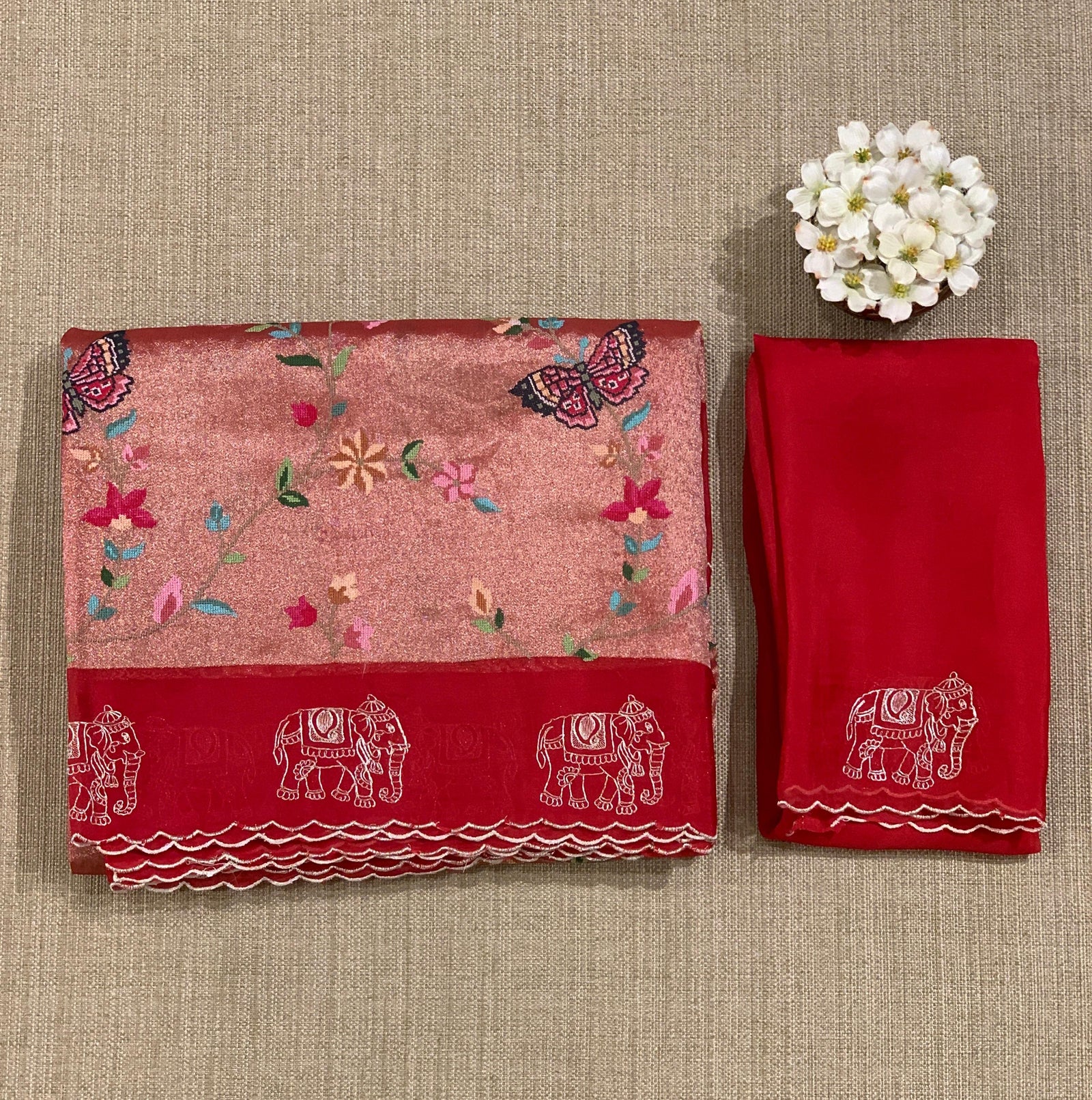 Red Premium Handloom Designer Tissue saree with exquisite embroidery