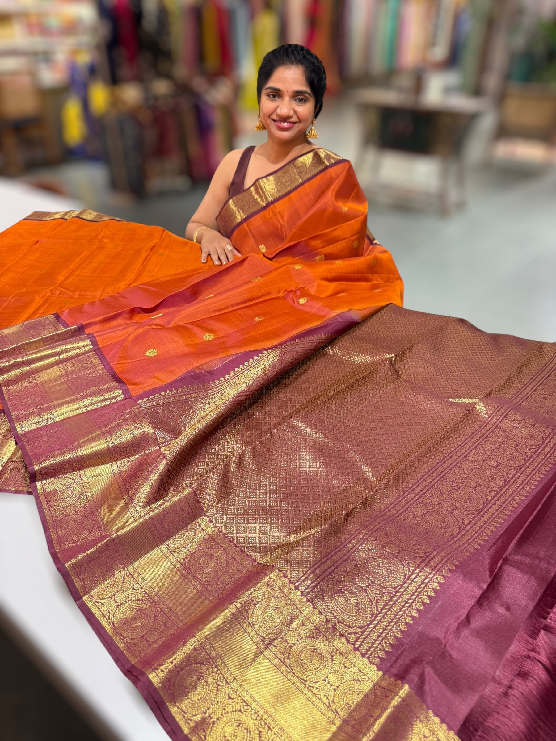 Rust Orange and Winish Brown Vintage Kanchipuram Saree