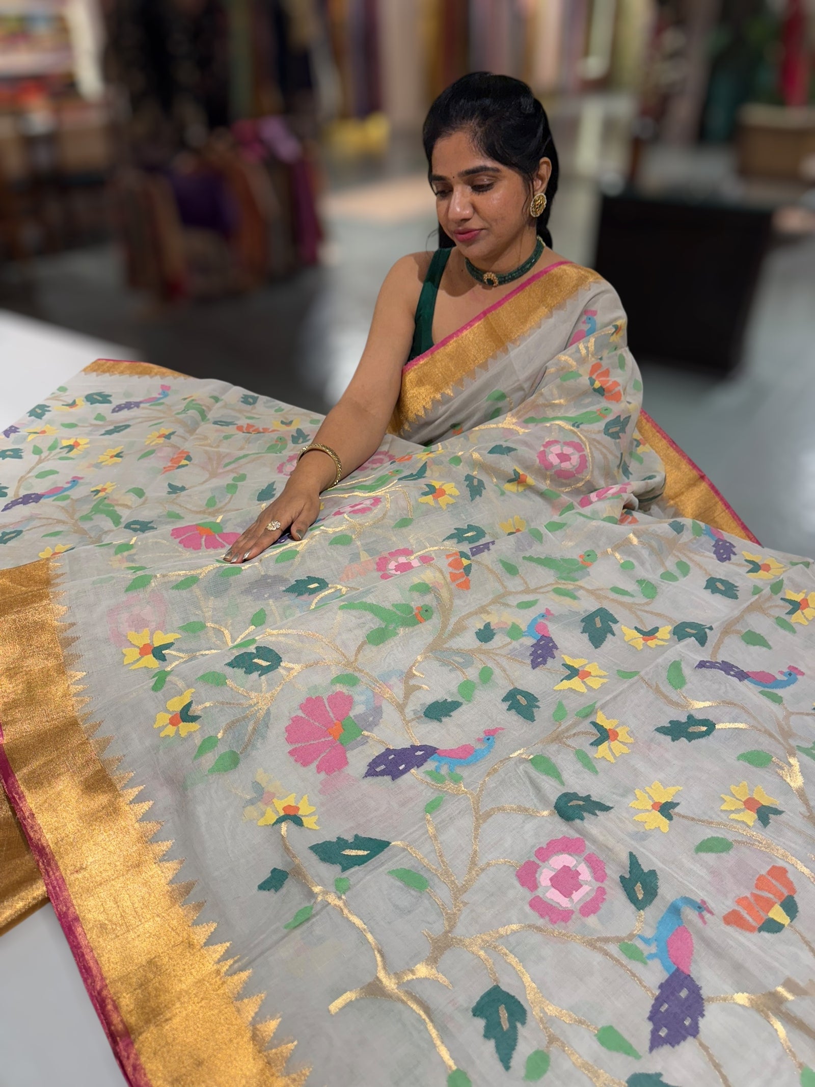 Ponduru Khadi Jamdani Allover multi Meenakari Weaving Saree With Premium 60/60 Count