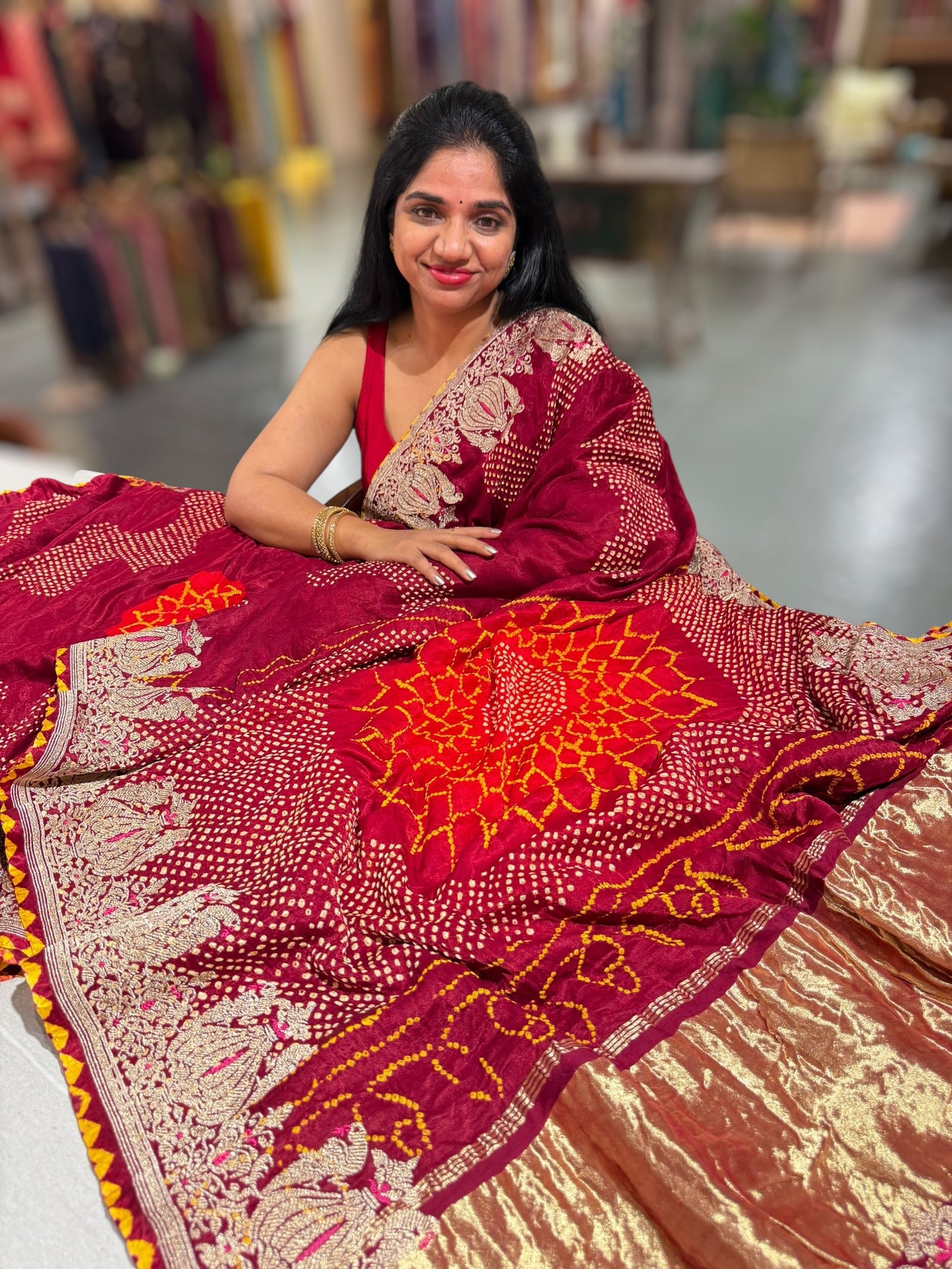 Burgundy Designer Rai Bandhej Saree With Embroidered Border