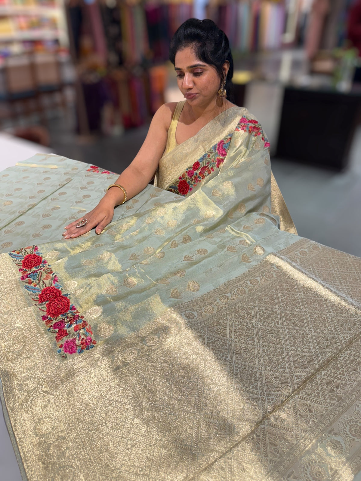 Mint Blue Banarasi Tissue with embroidered border