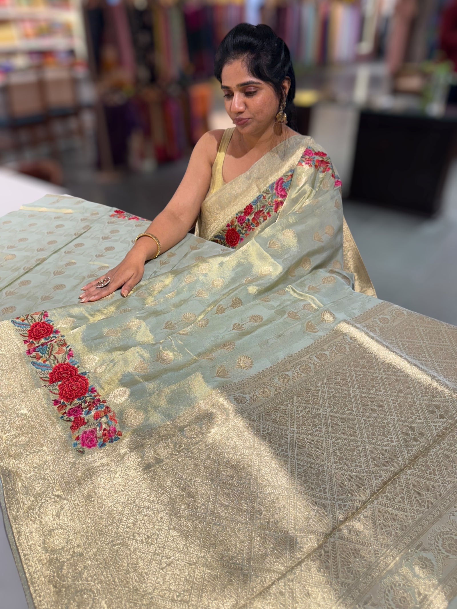 Mint Blue Banarasi Tissue with embroidered border