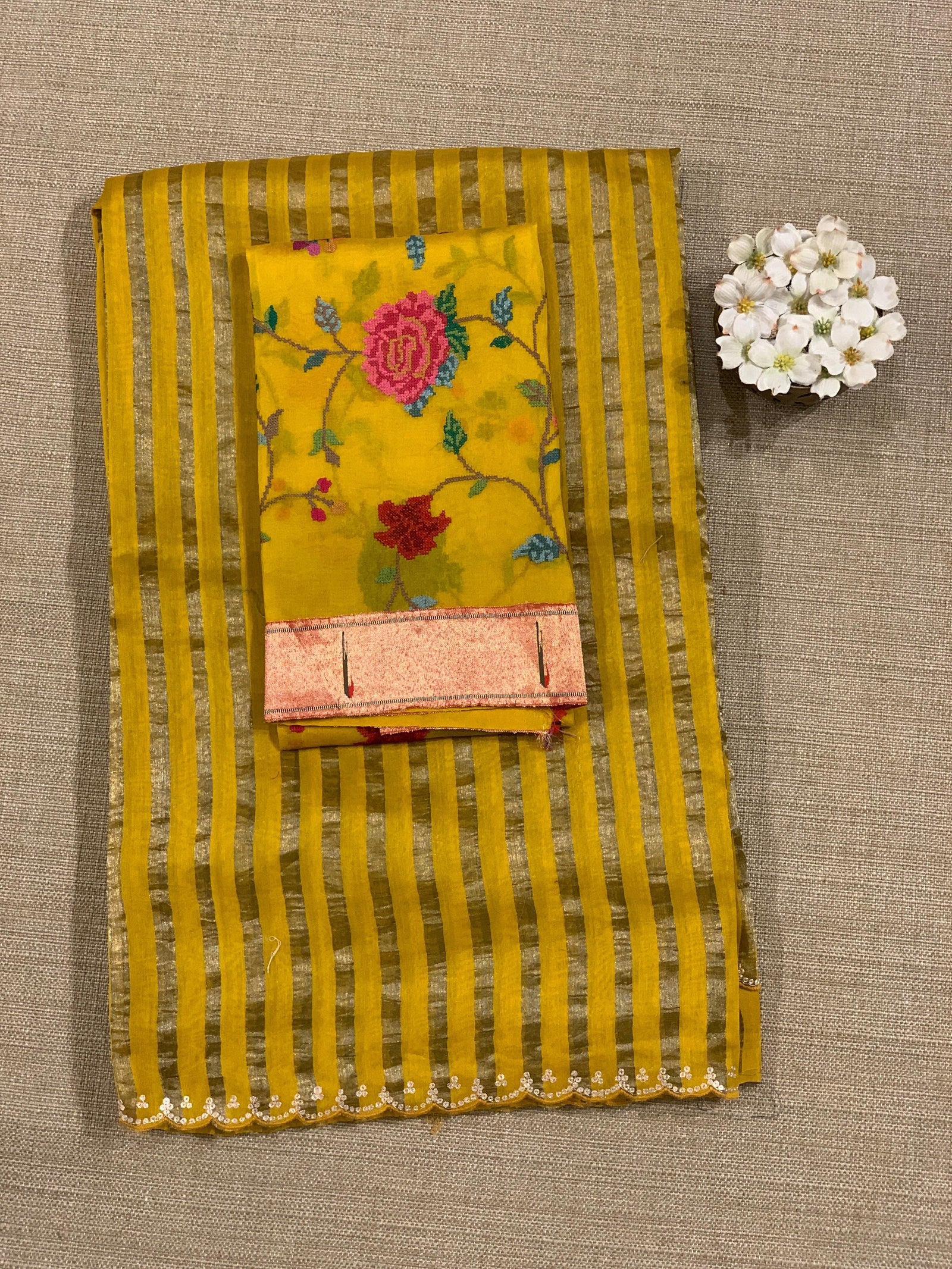 Mango Yellow Mul tissue stripes saree with fusion blouse : D62135
