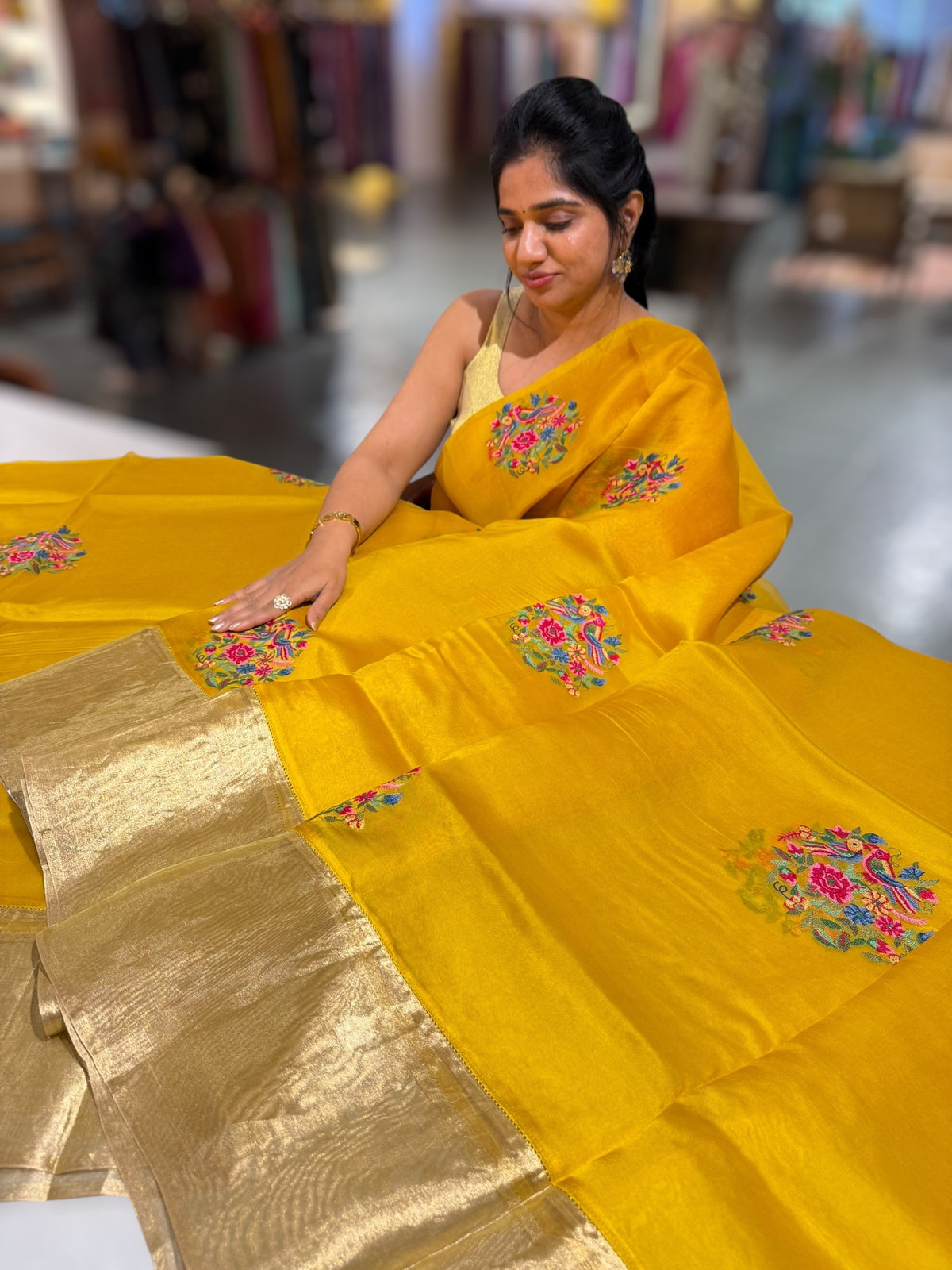 Yellow Organza Saree with pure Tissue Border
