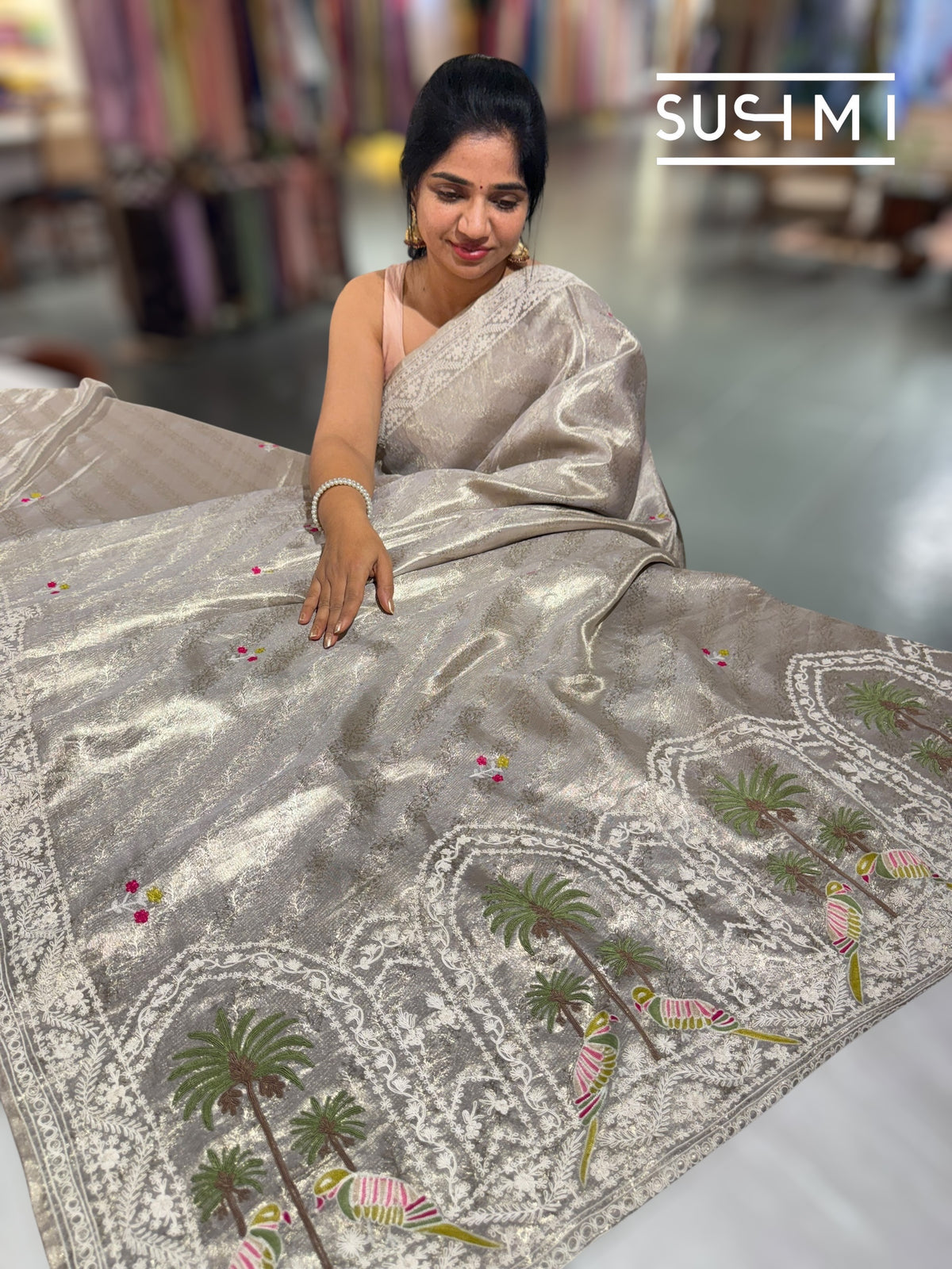 Silver Tissue Brocade Kanjeevaram with embroidery D62F038