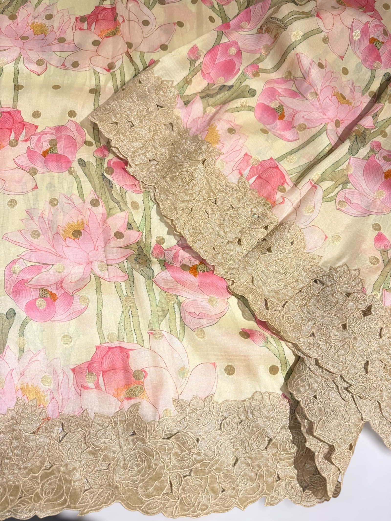 Mint Banarasi Munga Printed Tussar Khaddi With Tissue cutwork Rose Border