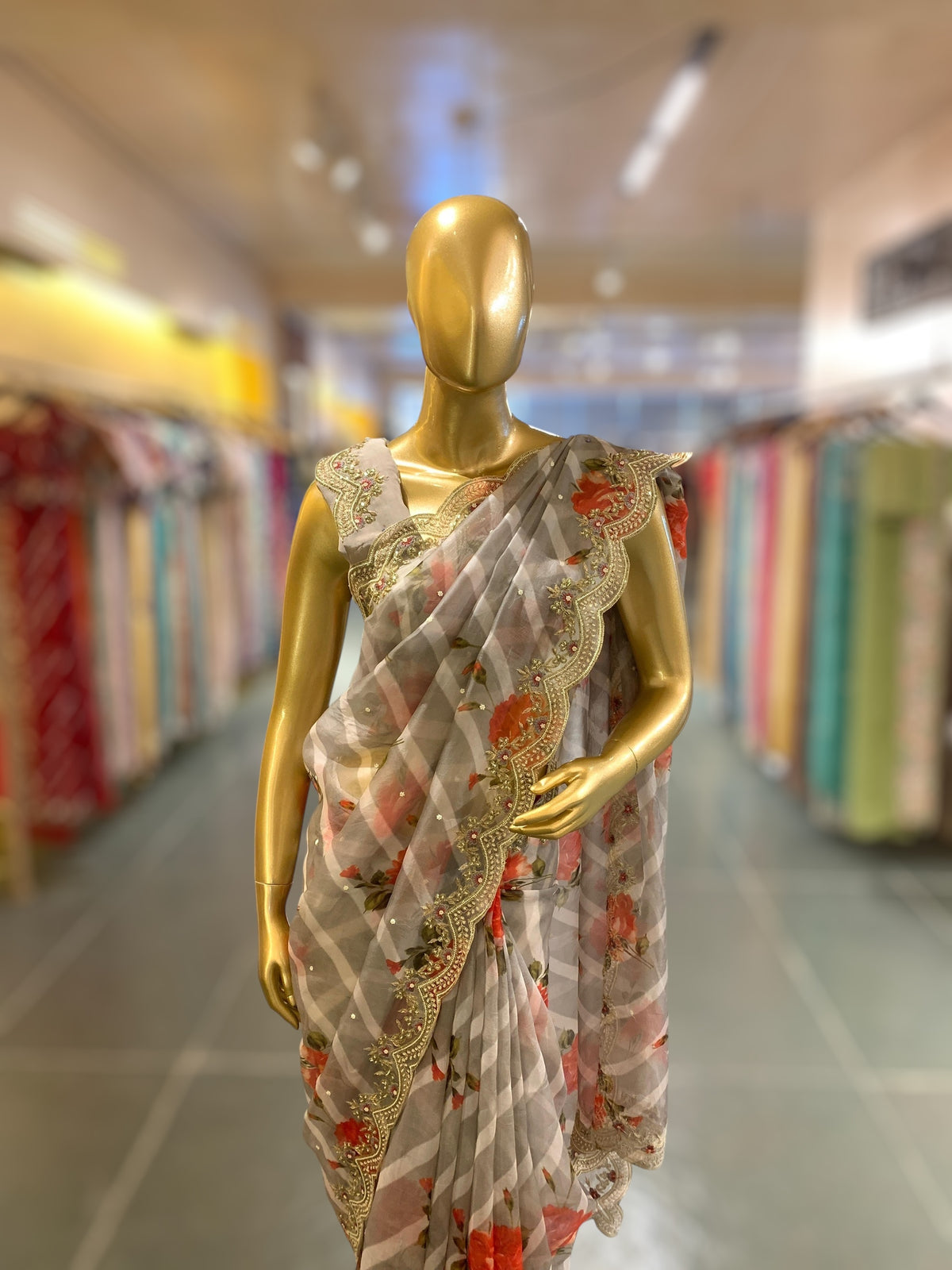 English Tone Organza lehariya and floral Printed Saree with handwork scalloped Border
