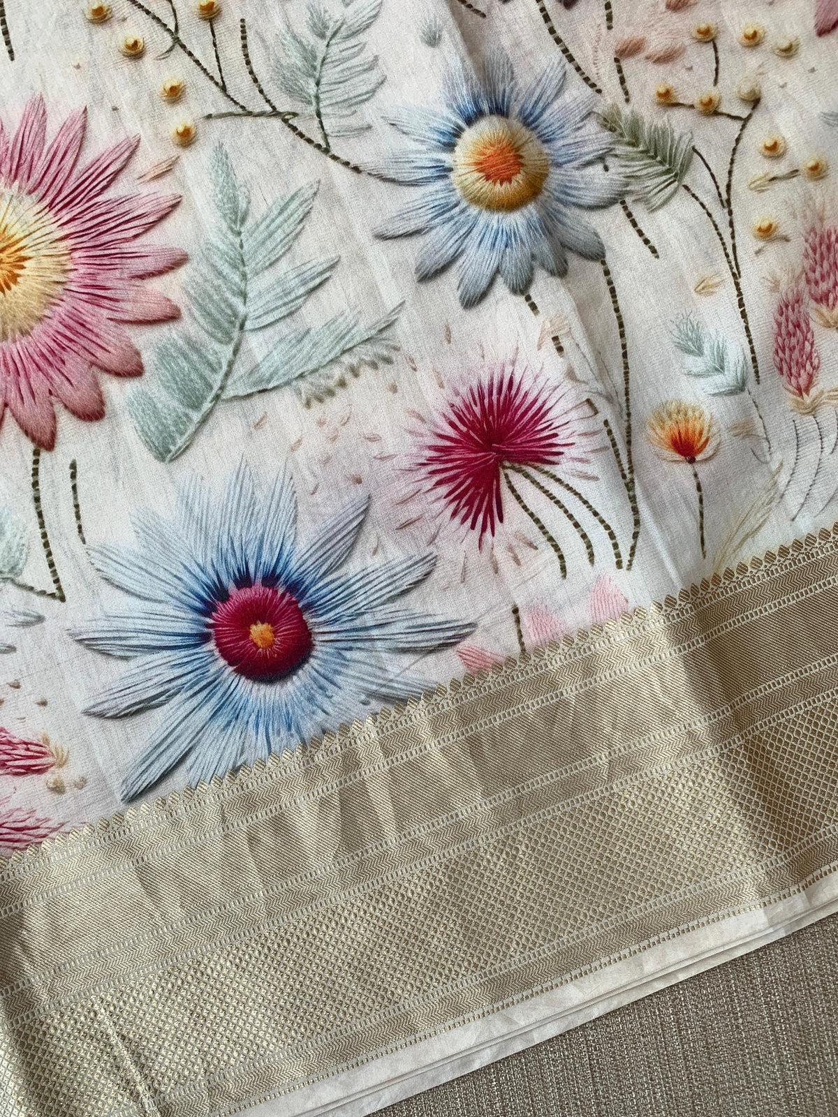 Ivory Pure Handloom Chiniya Silk Saree with stunning Floral Print and zari borders