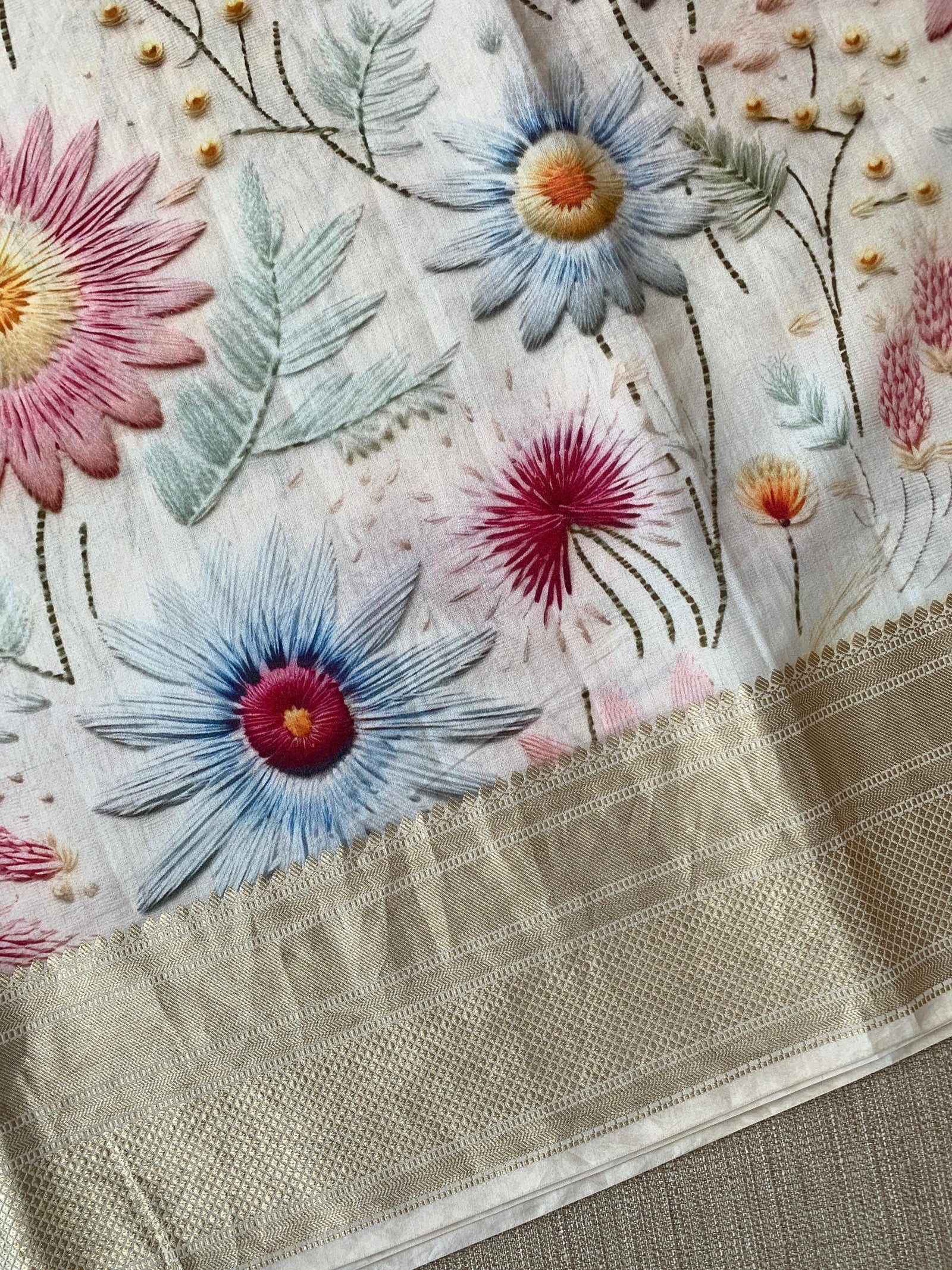 Ivory Pure Handloom Chiniya Silk Saree with stunning Floral Print and zari borders