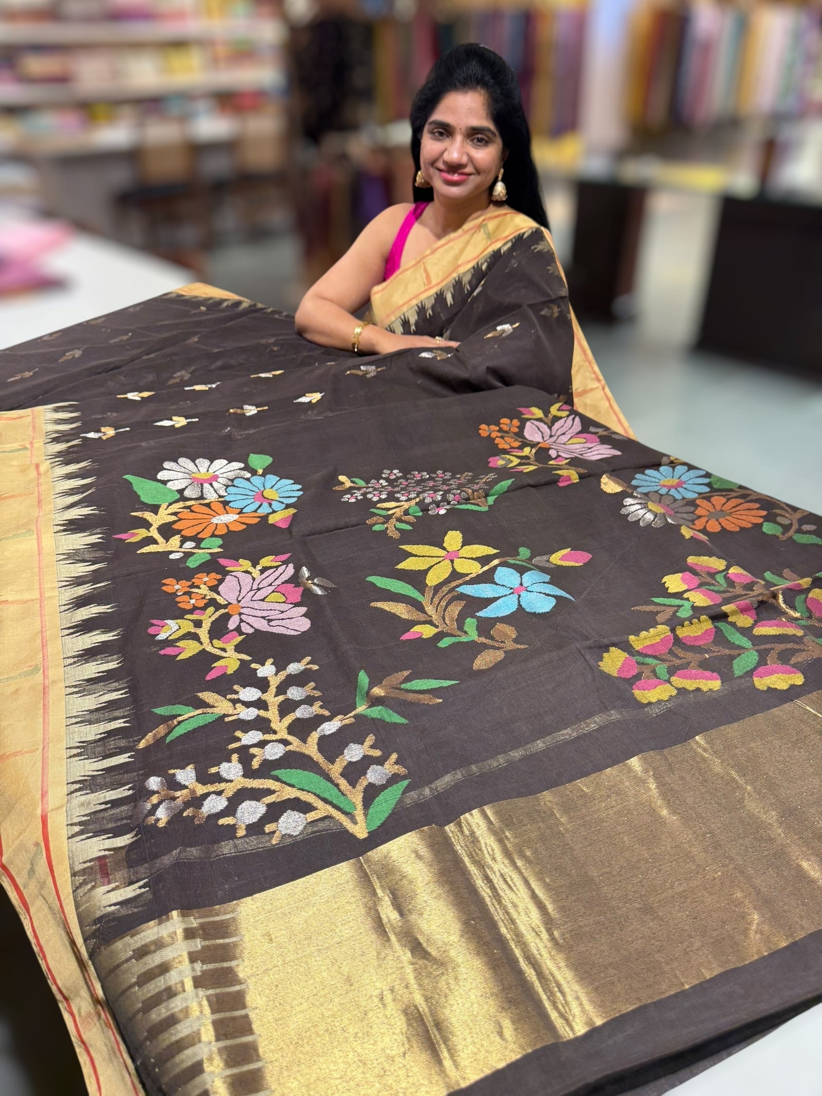 Darkest Brown  Pure  handloom Ponduru Khadi jamdani Saree with heavy pallu