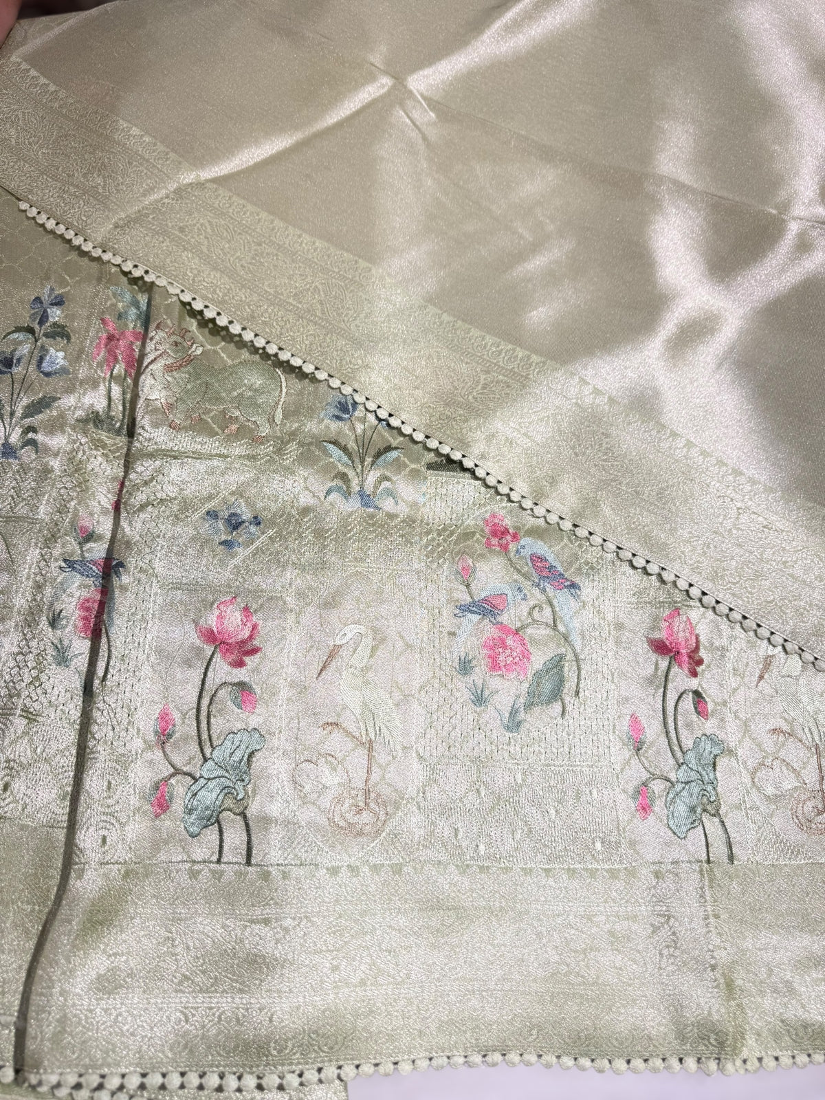 Seagreen Fancy Banarasi Tonchoi style saree with embroidery