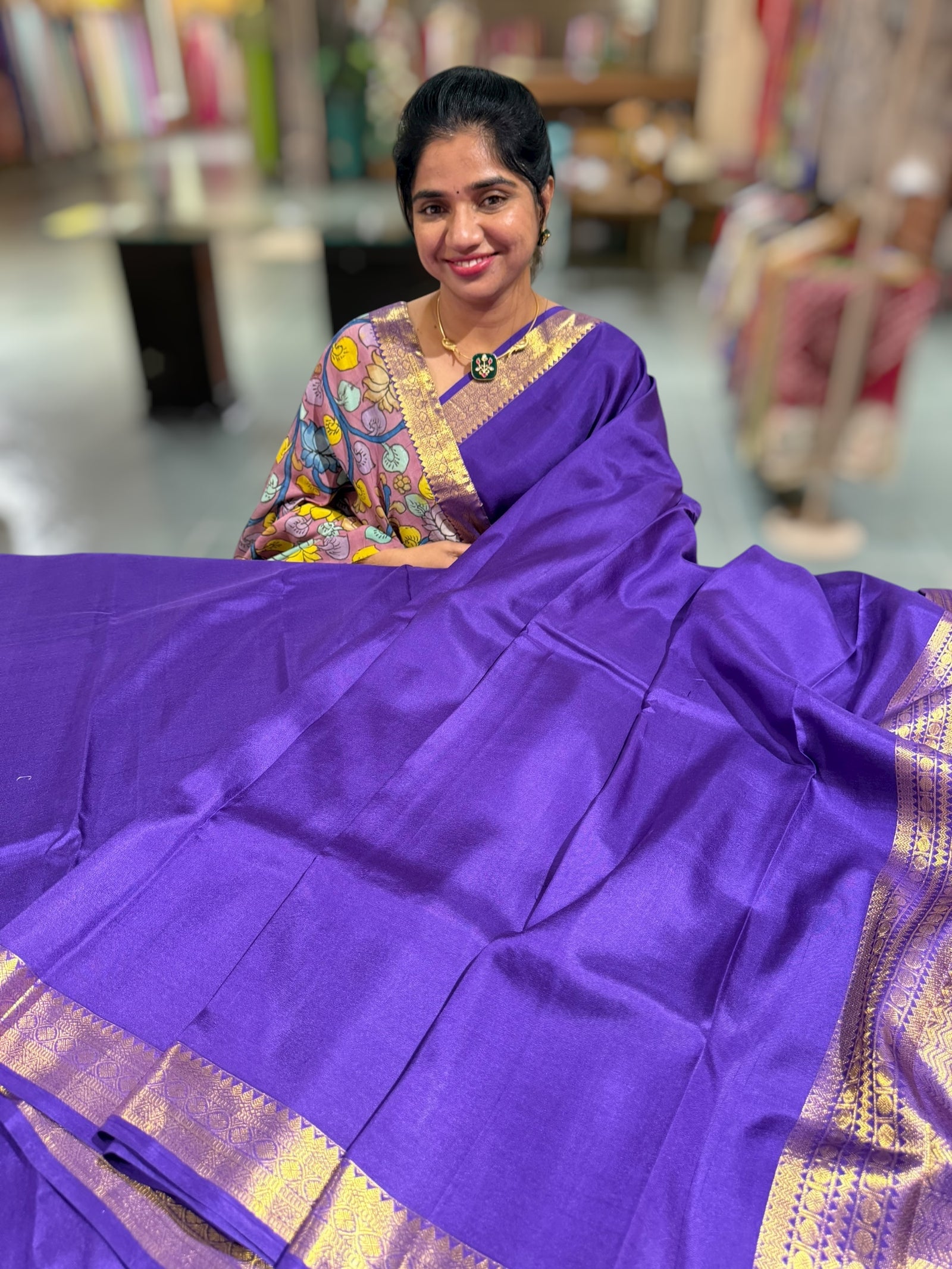 Brinjal vintage Kanchipuram silk saree with pen kalamkari blouse