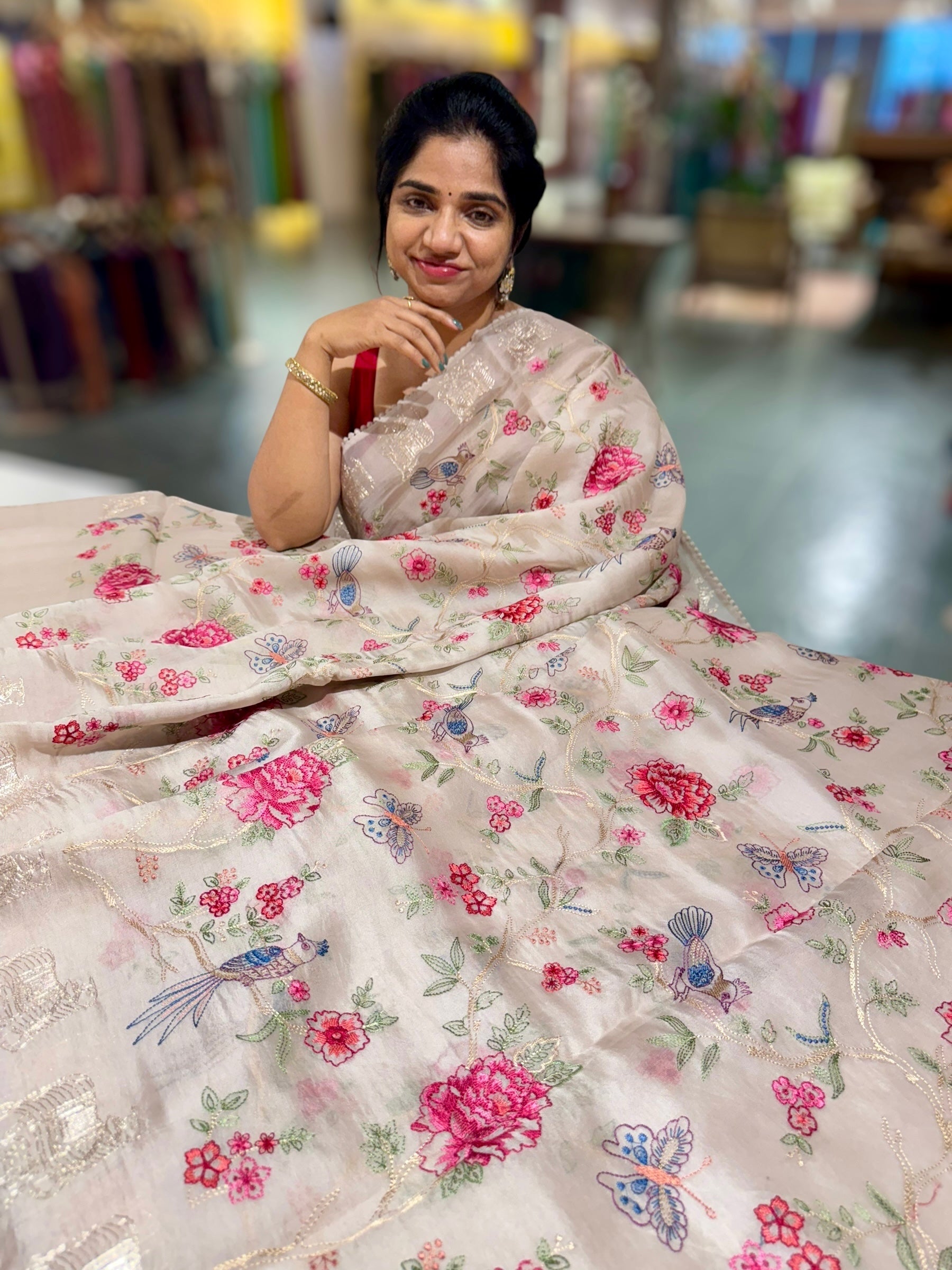 Taupe Organza Saree with Allover floral Embroidery